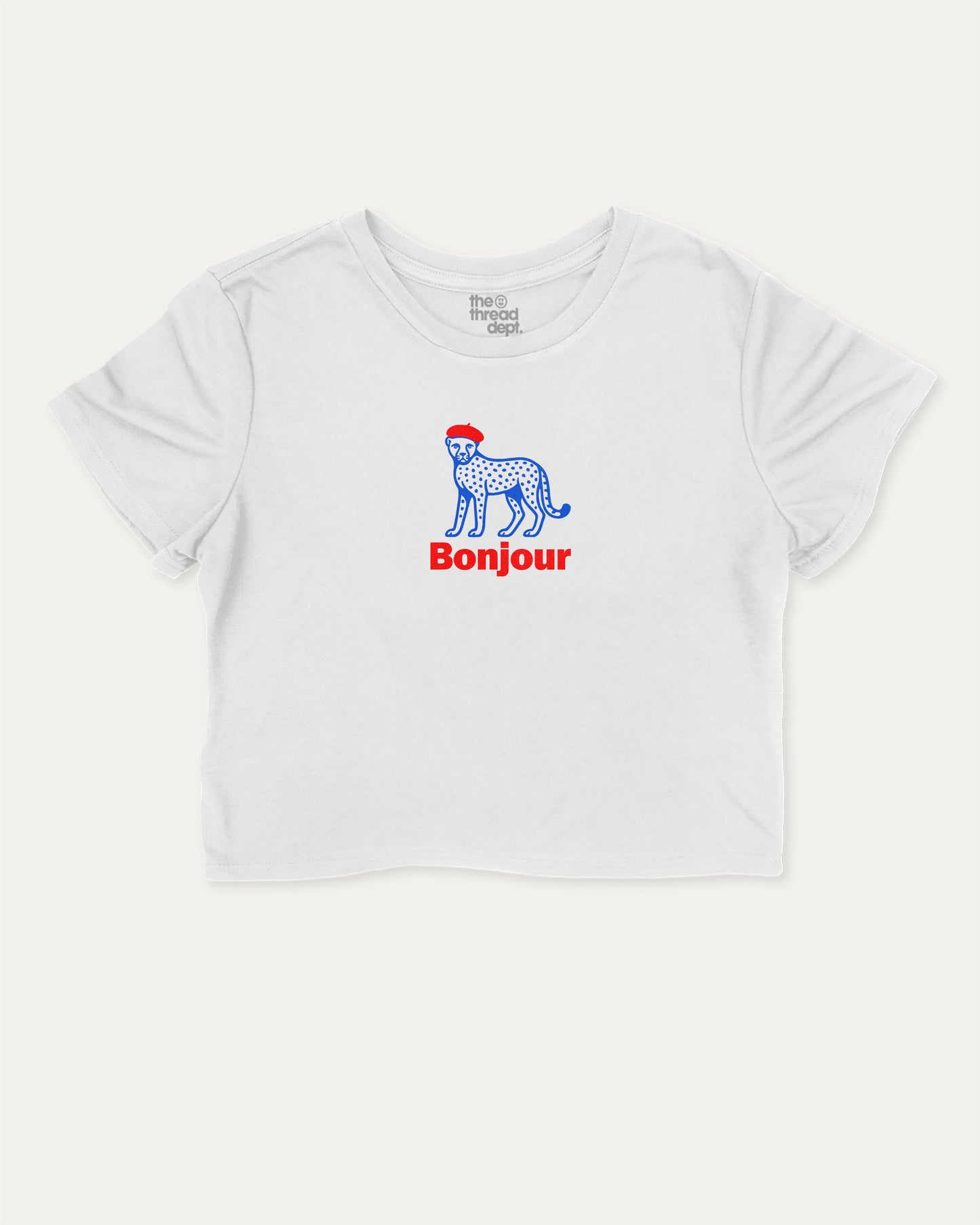 Bonjour cute and trendy crop tee with nostalgic graphic, perfect for women. A must-have cropped aesthetic shirt, ideal for daily outfits and casual days. White crop tee