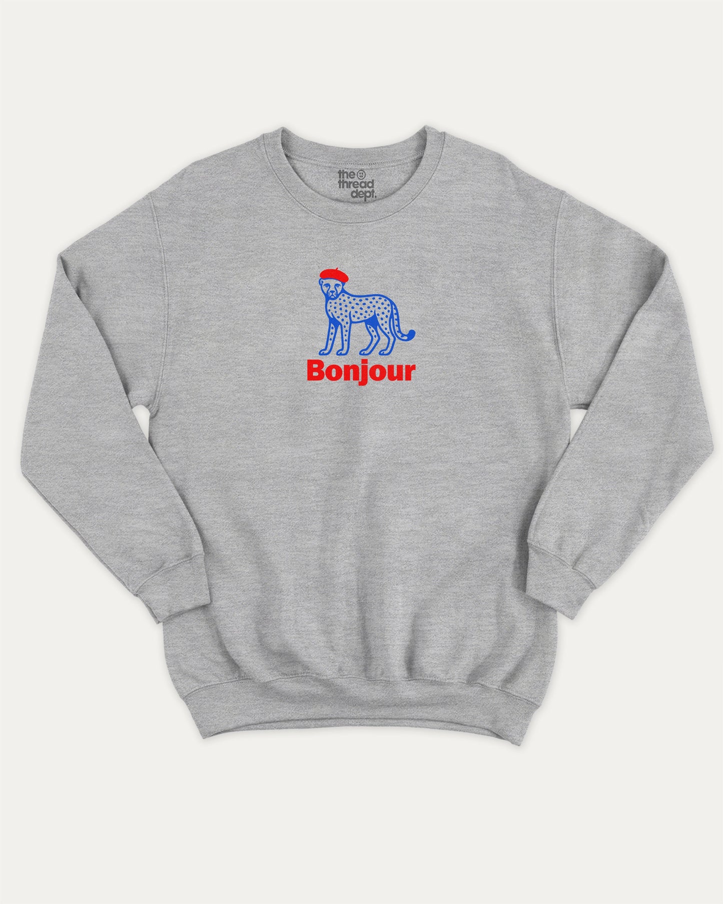 Bonjour pullover sweatshirt, French Graphic T shirt, Retro Inspired Graphic T shirt, Vintage Inspired Graphic T shirt, Retro Animal T shirt, A must-have graphic pullover, comfy cold-weather wear, bold casual look. Heather Grey sweater