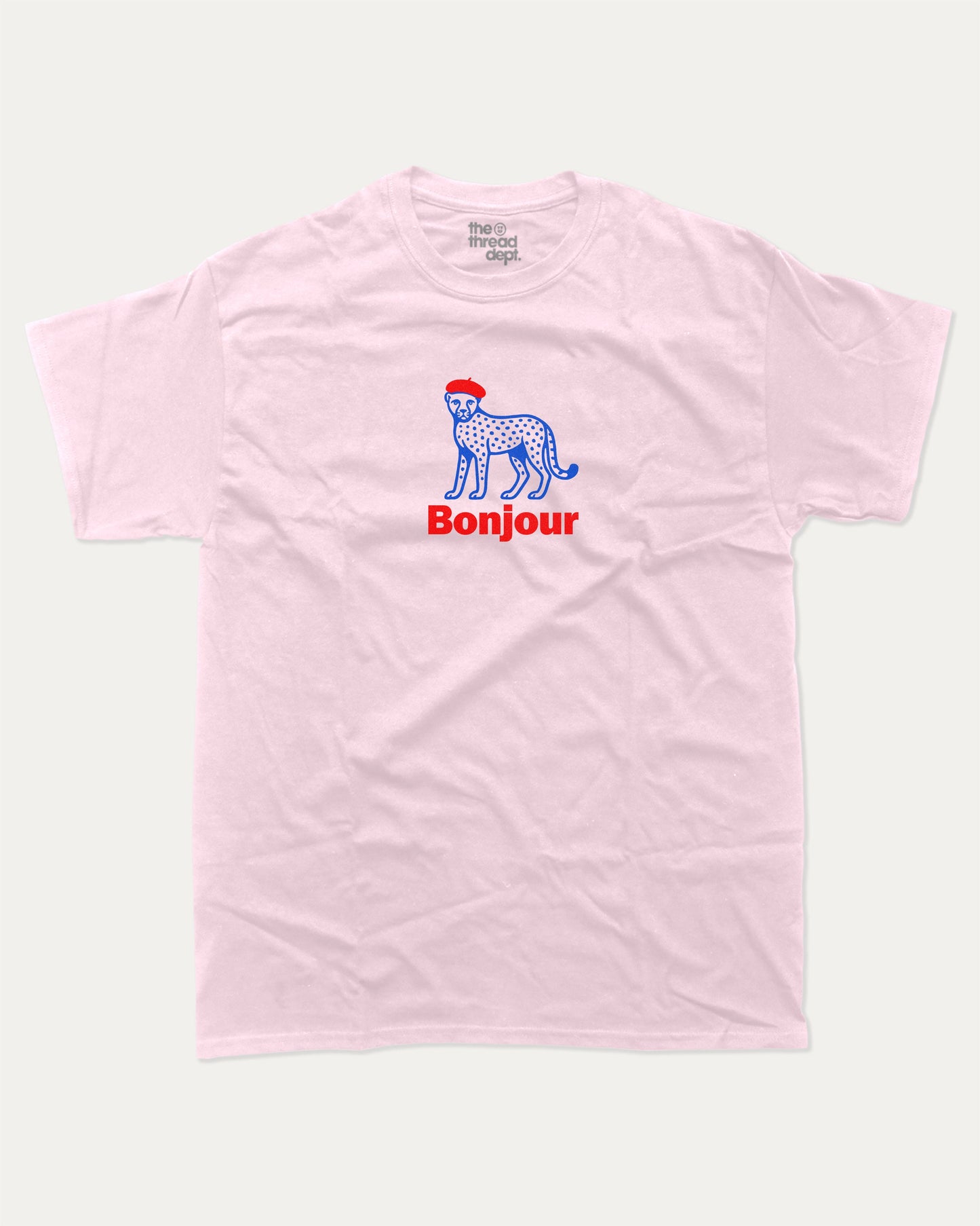 Bonjour graphic t-shirt, French Graphic T shirt, Retro Inspired Graphic T shirt, Vintage Inspired Graphic T shirt, Retro Animal T shirt, A must-have funny tee, trending meme shirt, unique gift idea. Pink.