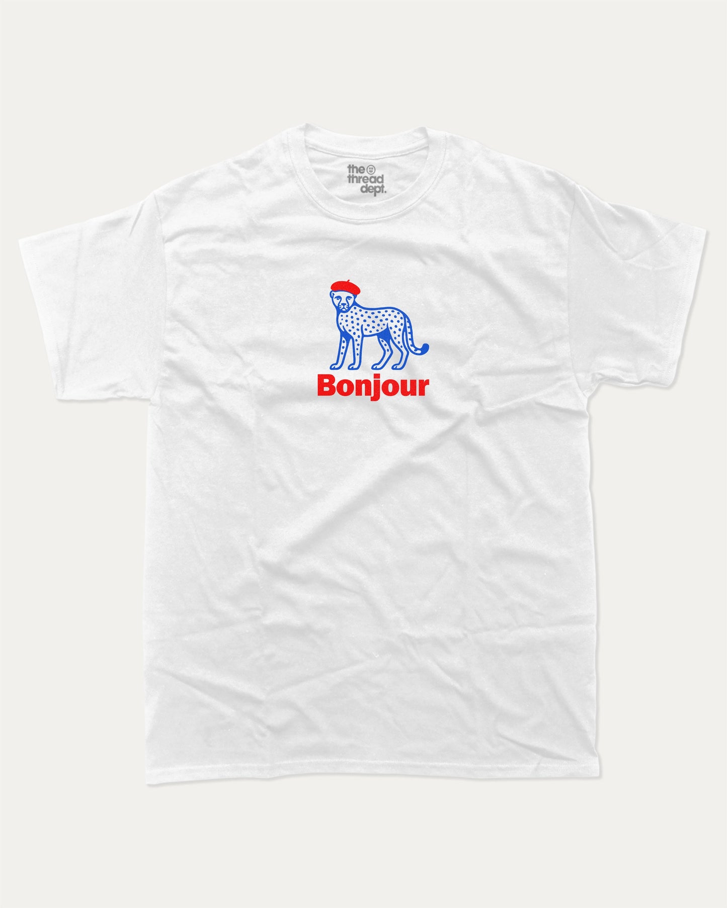 Bonjour graphic t-shirt, French Graphic T shirt, Retro Inspired Graphic T shirt, Vintage Inspired Graphic T shirt, Retro Animal T shirt, A must-have funny tee, trending meme shirt, unique gift idea. White.
