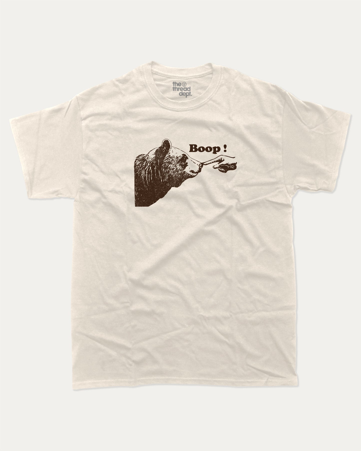 Boop graphic tee with bold and humorous print, funny and trendy graphic. Bear Lover T shirt, Animal Lover Graphic tee, Perfect for adults and gift-giving. Cream shirt.