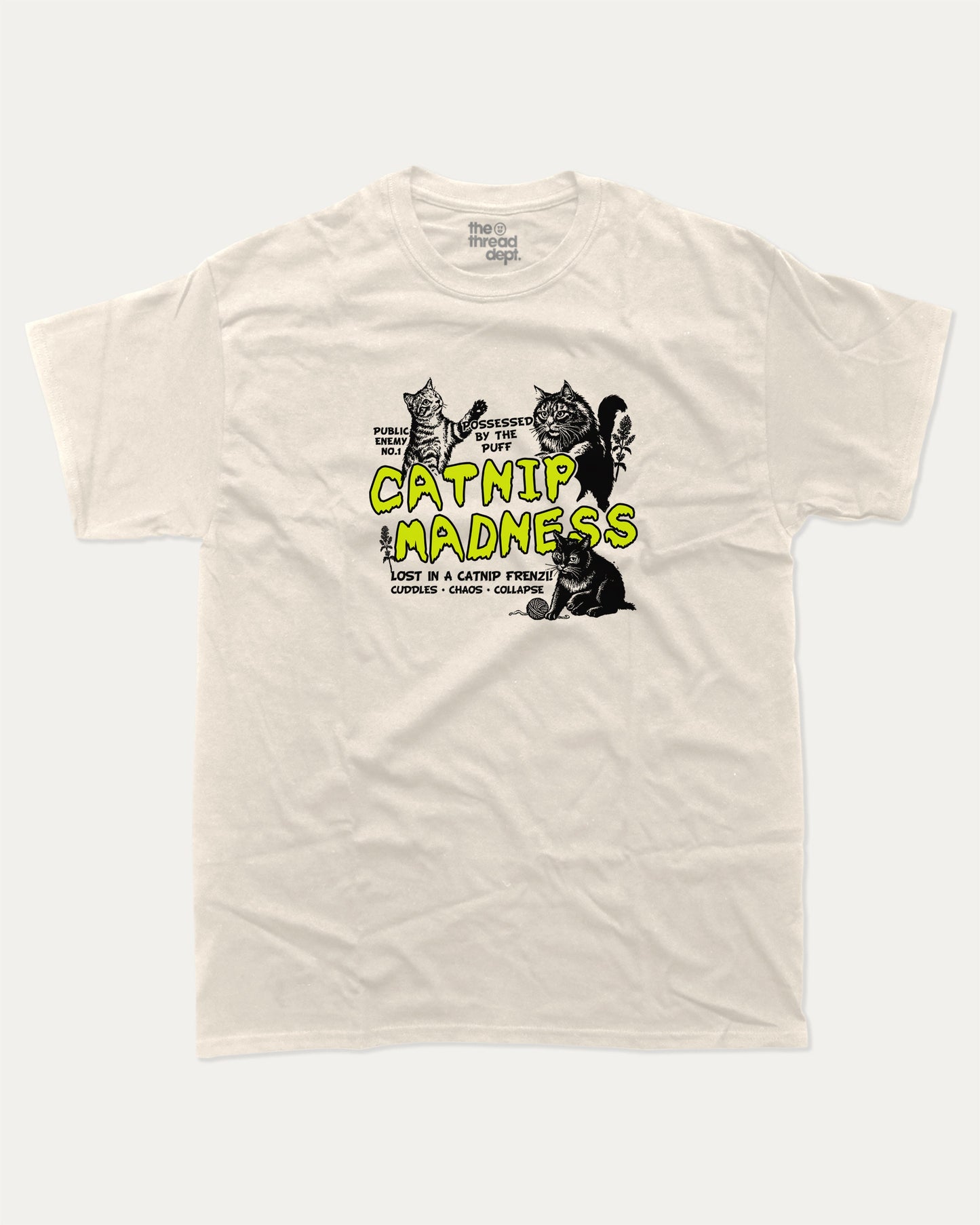 Catnip Madness graphic t-shirt, Cute Cat T shirt, Pet lovers tee, Furry Friends T shirt, Cat Graphic T shirt, A must-have funny tee, trending meme shirt, unique gift idea. Cream.