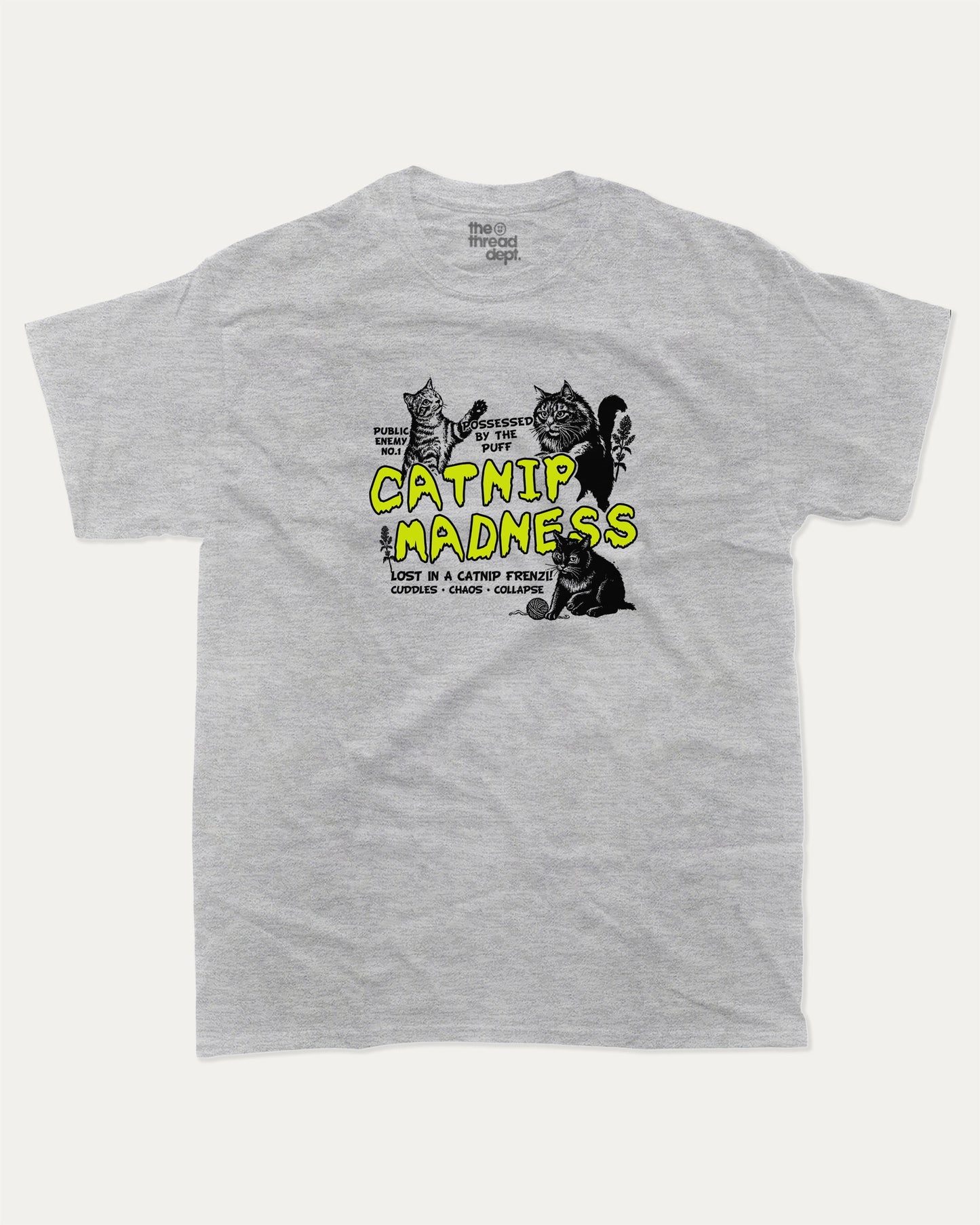 Catnip Madness graphic t-shirt, Cute Cat T shirt, Pet lovers tee, Furry Friends T shirt, Cat Graphic T shirt, A must-have funny tee, trending meme shirt, unique gift idea. Heather Grey.