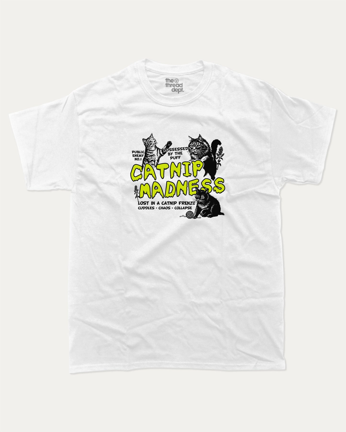 Catnip Madness graphic t-shirt, Cute Cat T shirt, Pet lovers tee, Furry Friends T shirt, Cat Graphic T shirt, A must-have funny tee, trending meme shirt, unique gift idea. White.