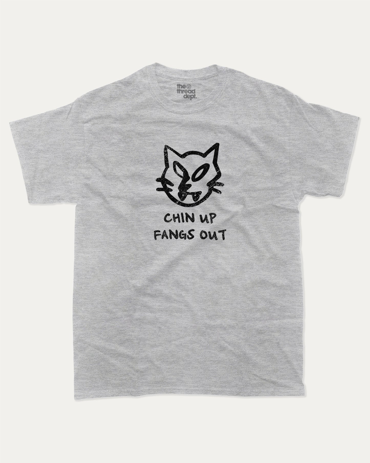 Chin Up Fangs Out graphic t-shirt, perfect for adults. Cat Graphic Tee, Vintage Retro T shirt, Minimalistic Design T shirt, Funny Humorous Tee, unique gift idea. Heather Grey.