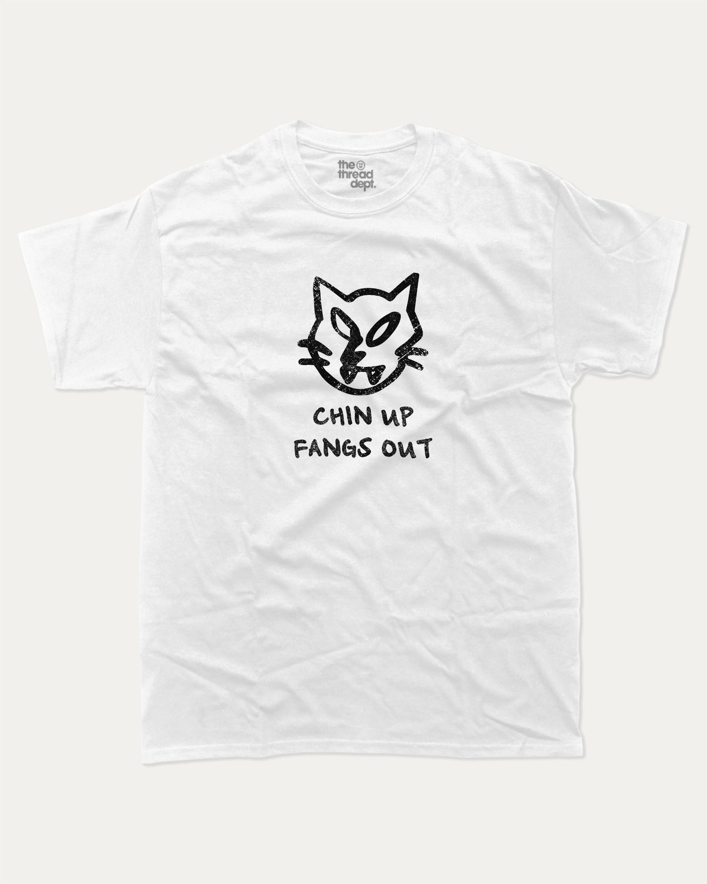 Chin Up Fangs Out graphic t-shirt, perfect for adults. Cat Graphic Tee, Vintage Retro T shirt, Minimalistic Design T shirt, Funny Humorous Tee, unique gift idea. White.