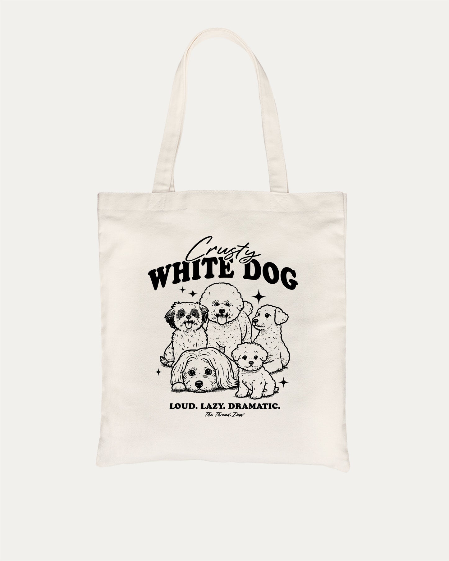 Crusty White Dog graphic tote bag with cute and funny print, reusable tote for school, errands, or gifting. Natural tote bag.