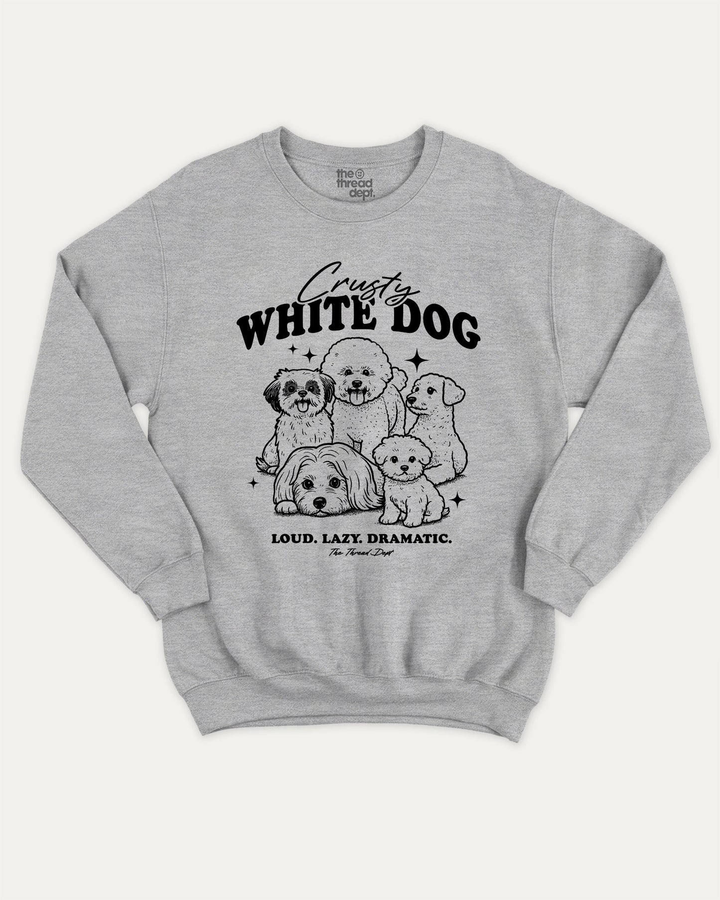 Crusty White Dog graphic sweatshirt with cute and humorous print, warm and cozy graphic for everyday wear. Perfect for adults and gift-giving. Heather Grey pullover.