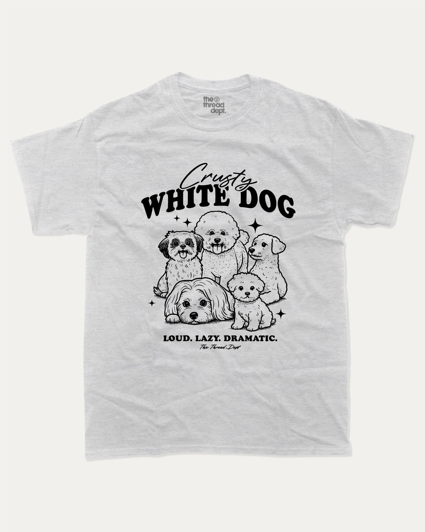 Crusty White Dog graphic tee with bold and humorous print, funny dogs graphic. Perfect for adults and gift-giving. Ash Grey shirt.