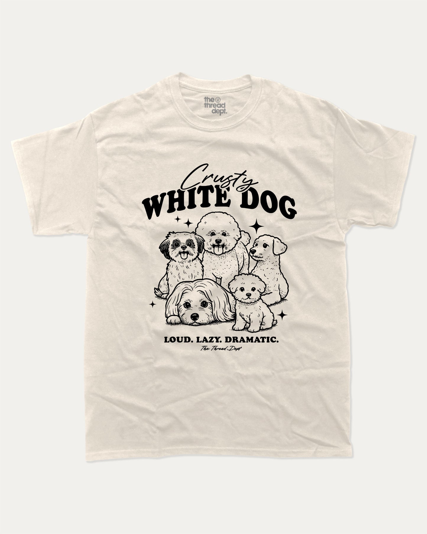 Crusty White Dog graphic tee with bold and humorous print, funny dogs graphic. Perfect for adults and gift-giving. Cream shirt.