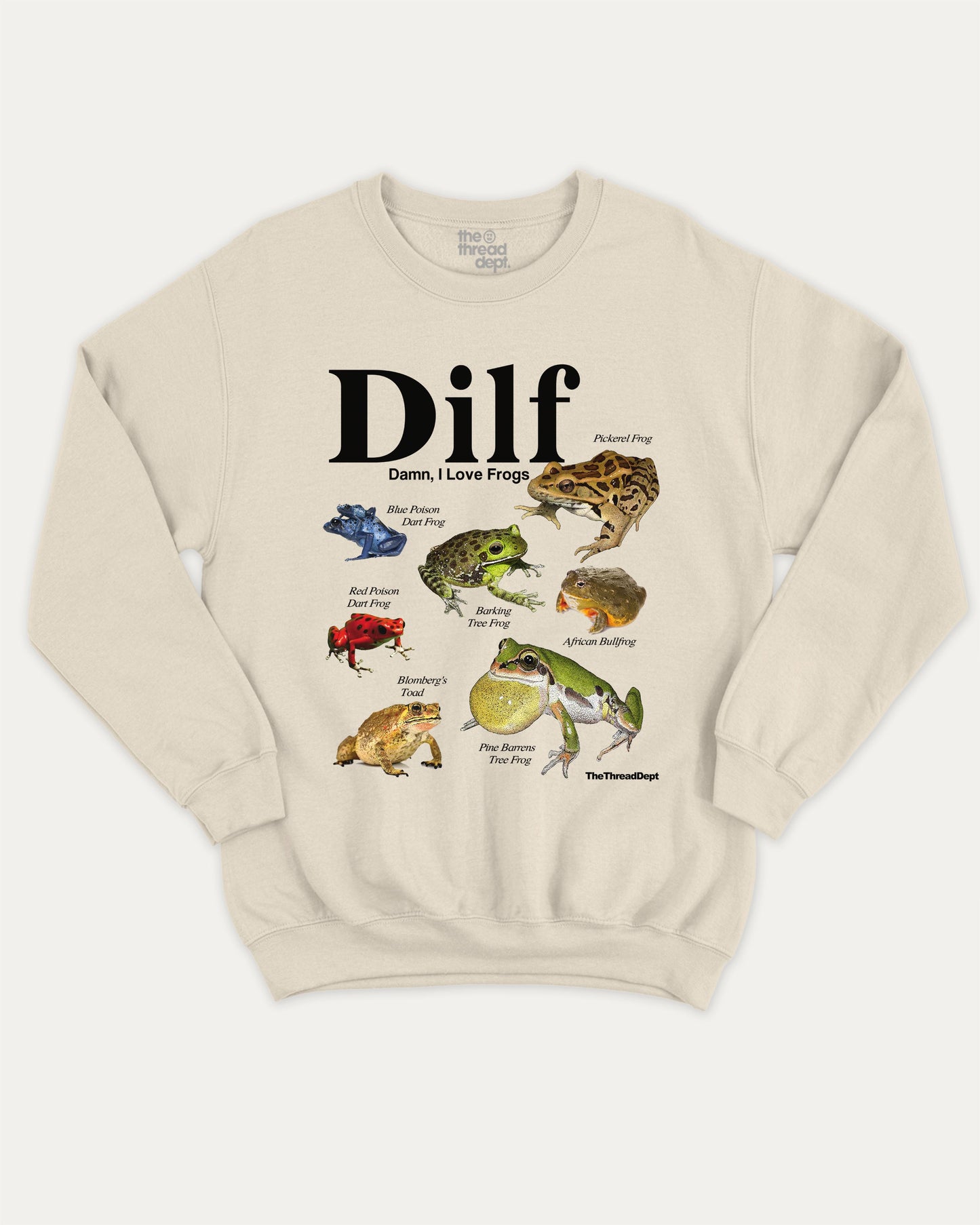 Damn I Love Frogs graphic sweatshirt with funny 'Dilf' frogs graphic, warm and cozy graphic for everyday wear. Perfect for adults and gift-giving. Natural pullover.