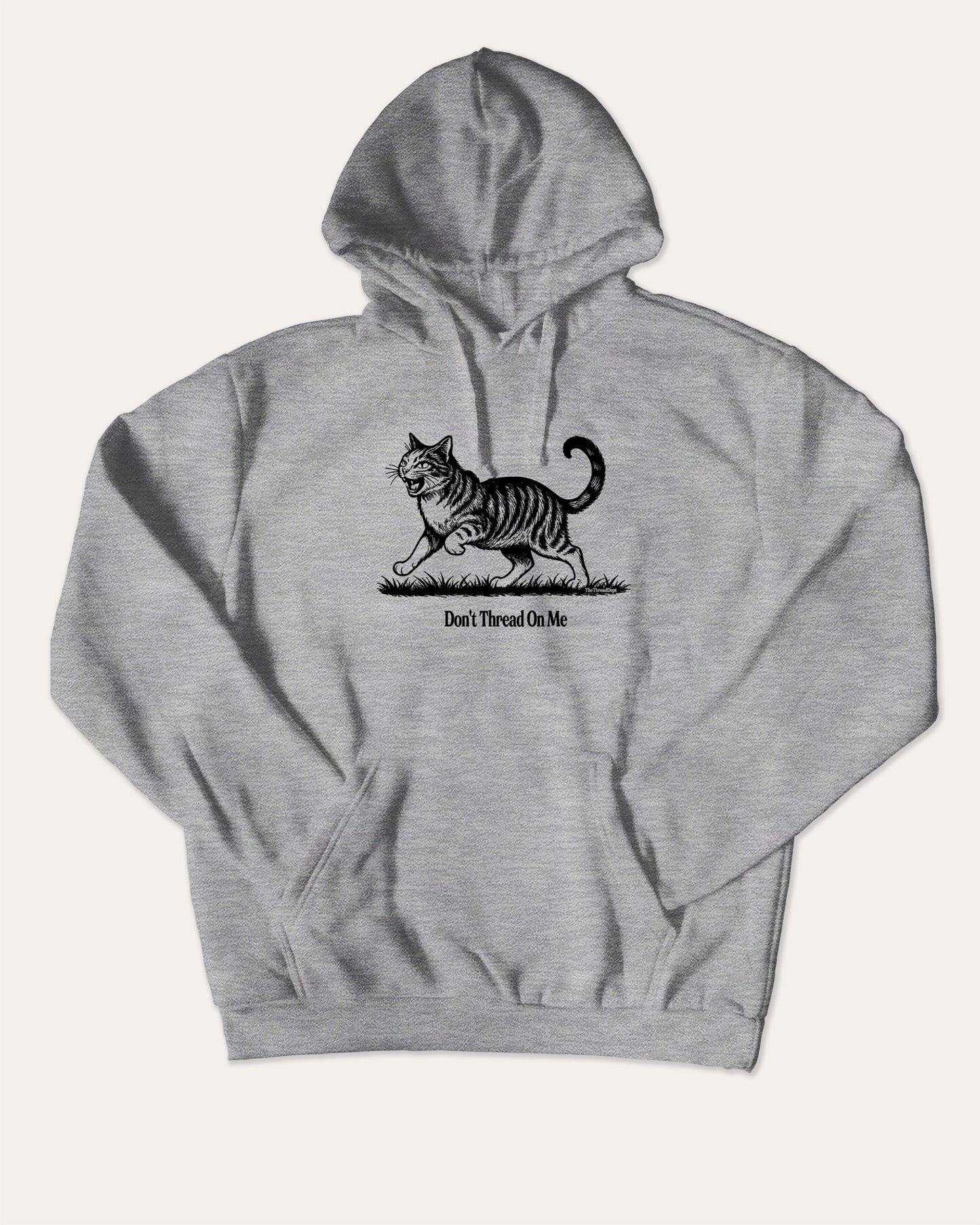 Don't Thread On Me Cat bold graphic hoodie, perfect for adults. A must-have graphic hoodie, cozy and cool, funny cat graphic. Heather Grey hoodie