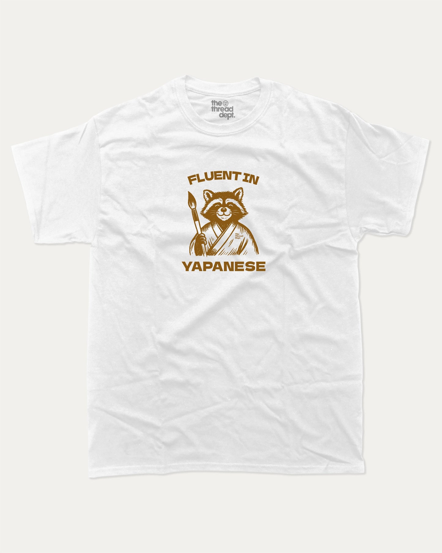 Fluent In Yapanese Racoon graphic t-shirt, perfect funny gift for friends. A must-have animal tee, yapping quotes meme shirt, unique gift idea. White.