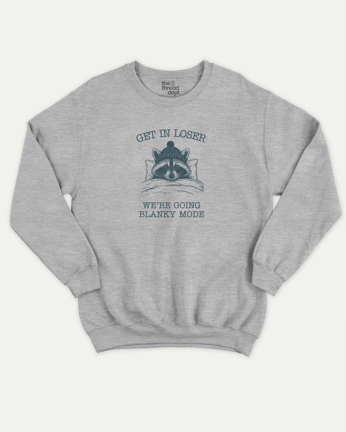 Get In Loser We're Going Blanky Mode pullover sweatshirt, perfect for adults. A must-have racoon graphic pullover, comfy cold-weather wear, bold casual look. Heather Grey sweater