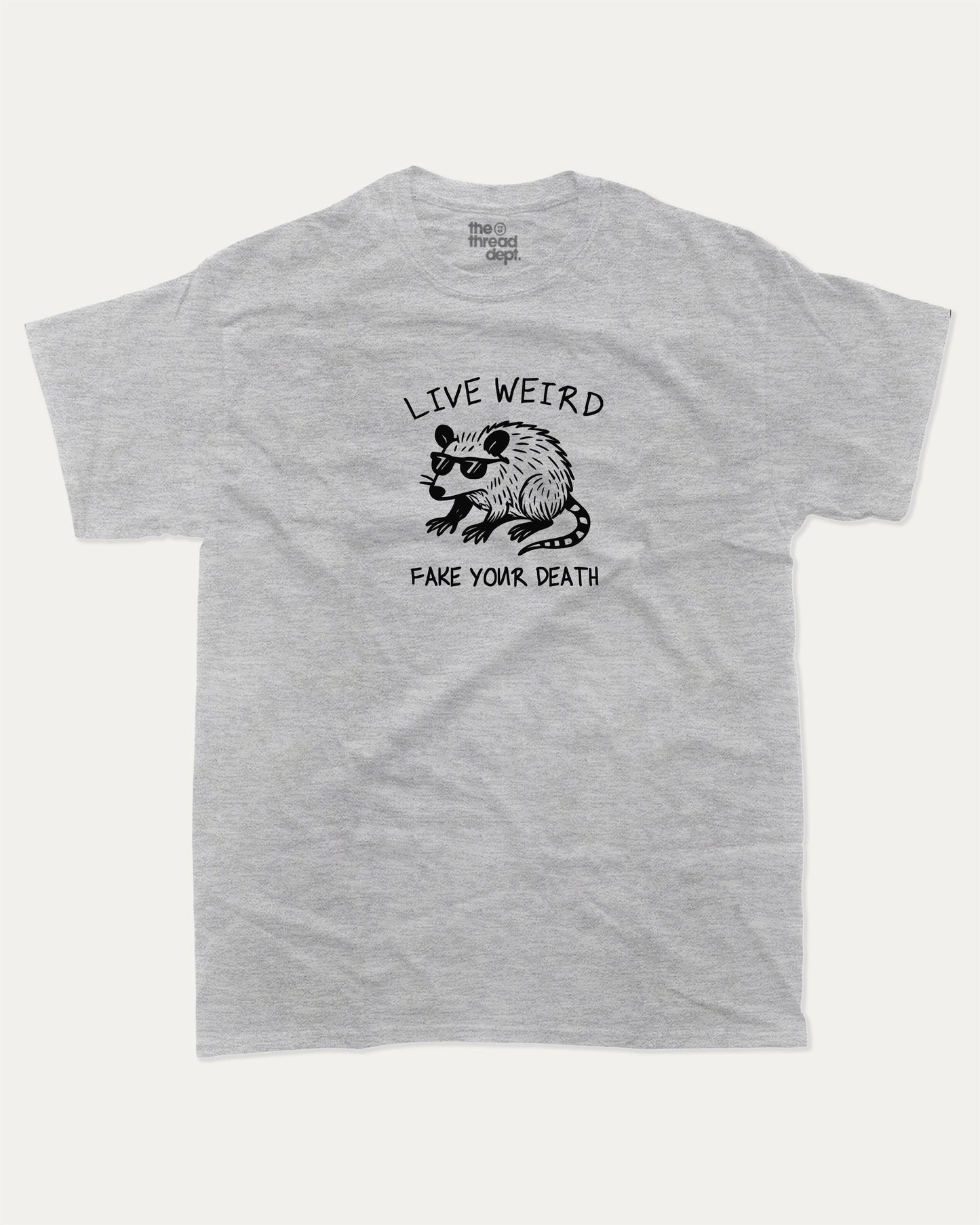Live Weird graphic t-shirt, perfect for adults. Funny Animal Tee, Humorous Graphic T Shirt. Funny Graphic T Shirt, trending meme shirt, unique gift idea. Heather Grey.