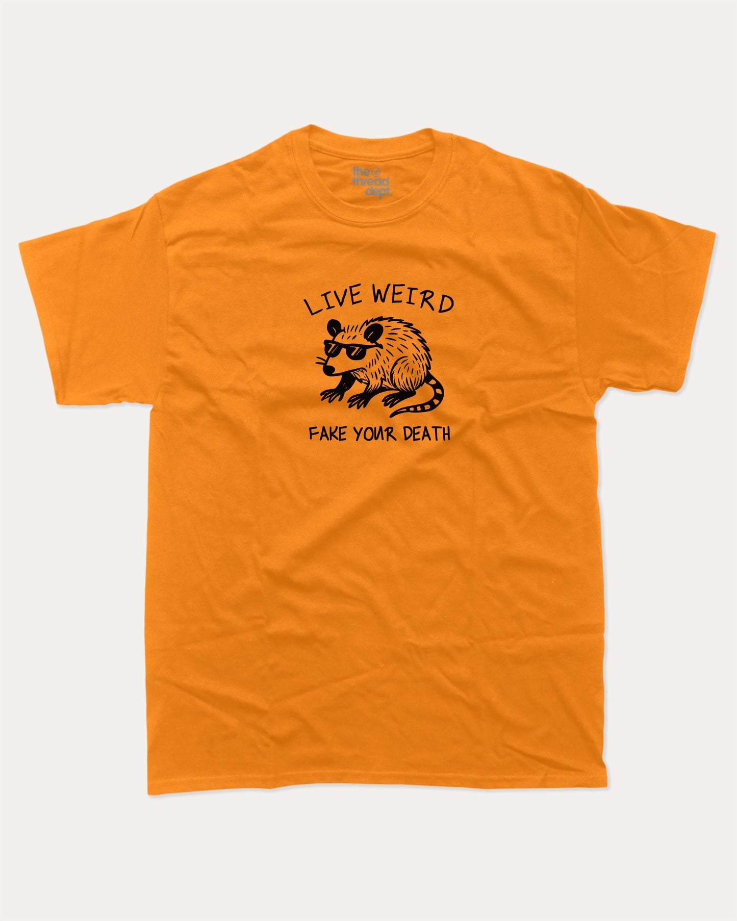 Live Weird graphic t-shirt, perfect for adults. Funny Animal Tee, Humorous Graphic T Shirt. Funny Graphic T Shirt, trending meme shirt, unique gift idea. Orange.