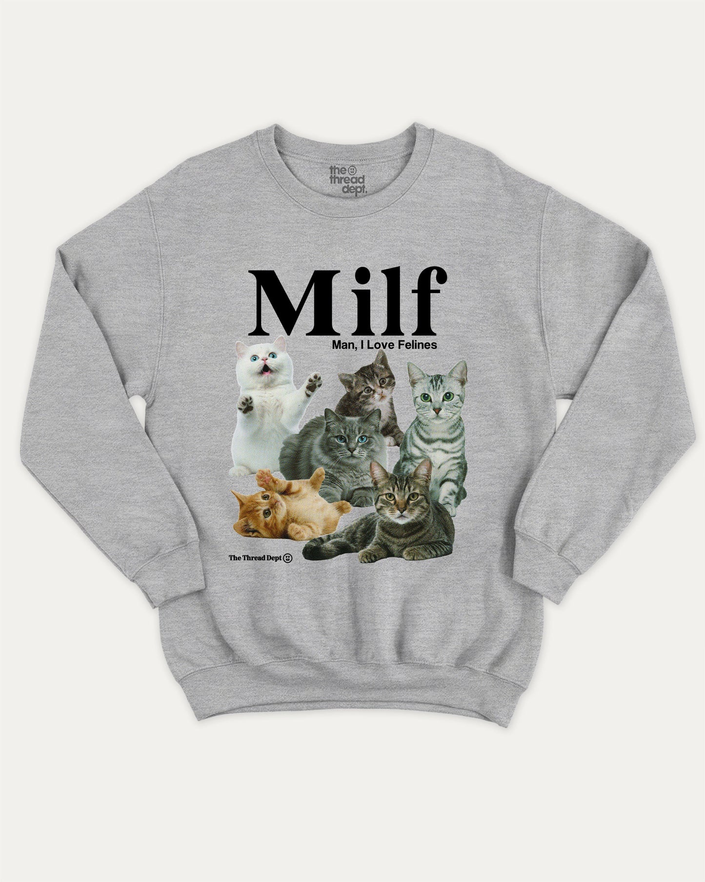 Man I Love Felines graphic sweatshirt with bold and humorous print, warm and cozy graphic for everyday wear. Funny Cat Graphic Sweatshirt, Gift for Cat Lover, Cat Graphic Pull Over, Cute Cat Sweatshirt, Perfect for adults and gift-giving. Heather Grey pullover.
