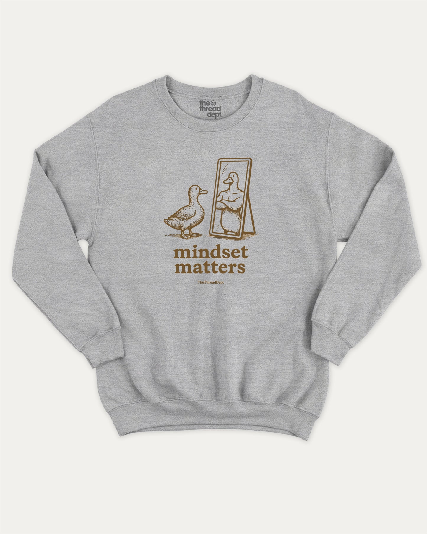 Mindset Matters pullover sweatshirt, perfect for gifts. Funny duck graphic pullover, comfy cold-weather wear, bold casual look. Heather Grey sweater