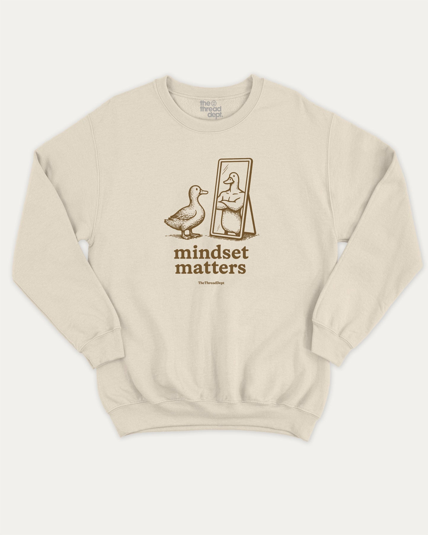 Mindset Matters pullover sweatshirt, perfect for gifts. Funny duck graphic pullover, comfy cold-weather wear, bold casual look. Natural sweater