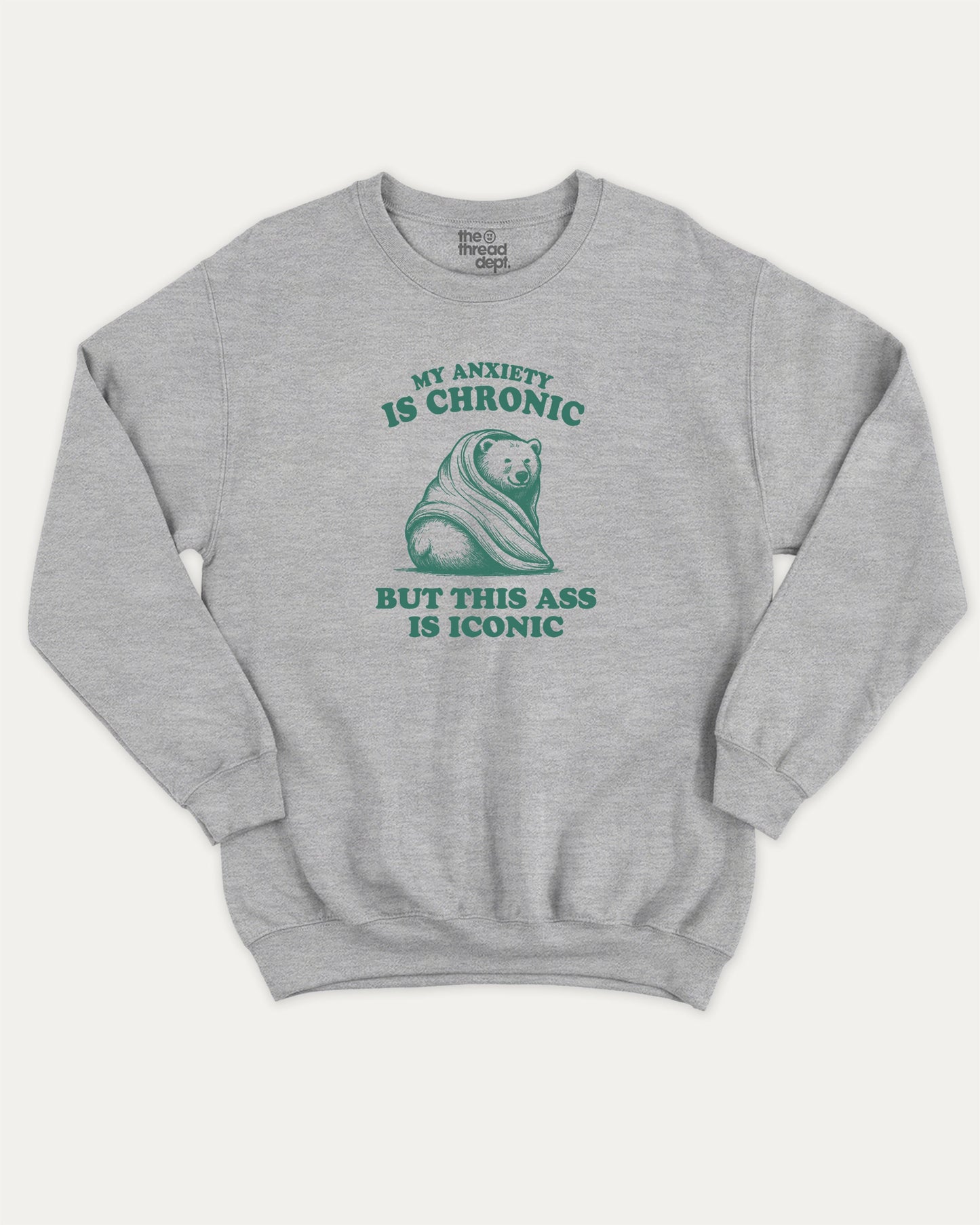 My Anxiety is Chronic but This Ass is Iconic pullover sweatshirt, funny bear graphic. Raspberry graphic pullover, comfy cold-weather wear, bold casual look. Heather Grey sweater
