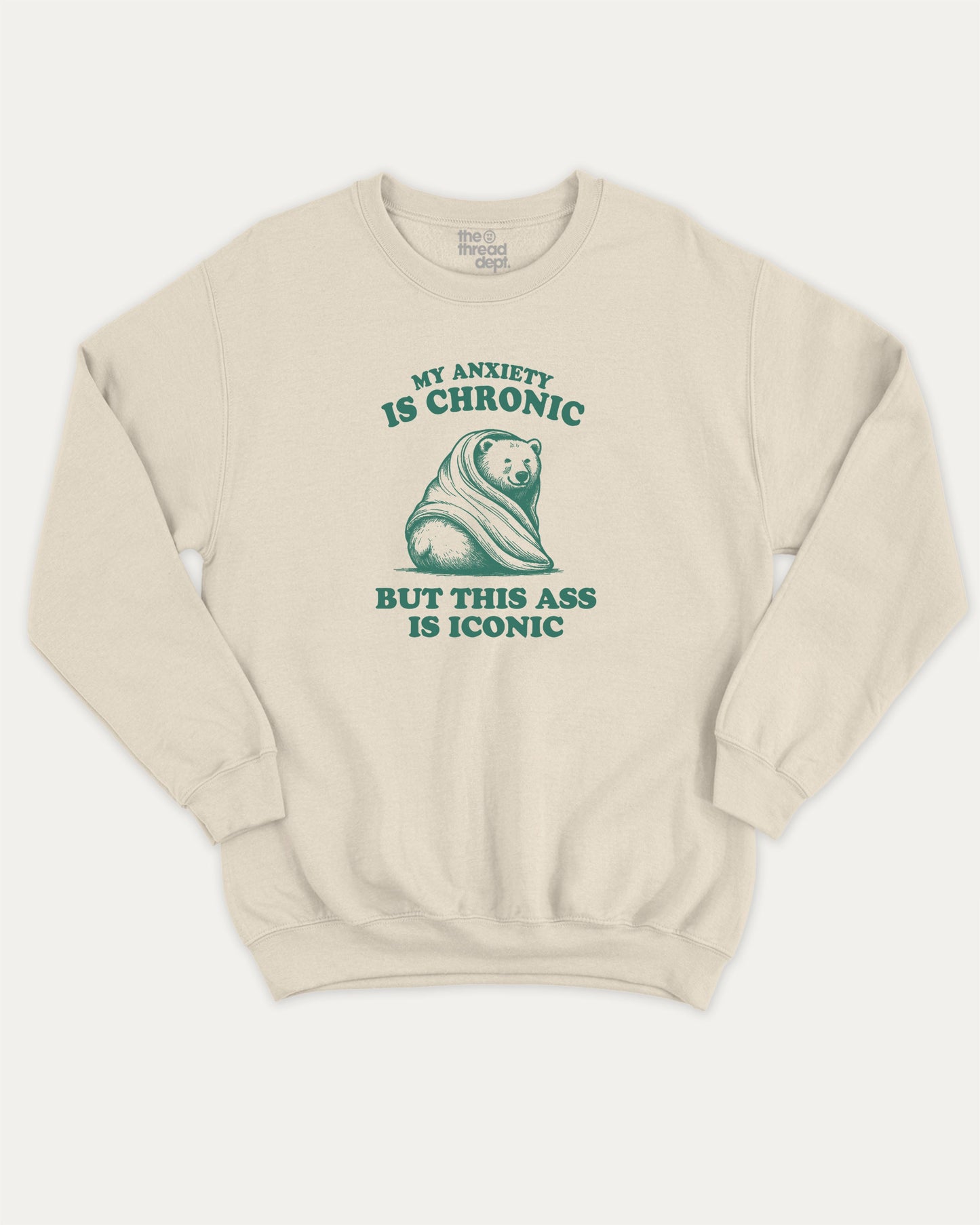 My Anxiety is Chronic but This Ass is Iconic pullover sweatshirt, funny bear graphic. Raspberry graphic pullover, comfy cold-weather wear, bold casual look. Natural sweater