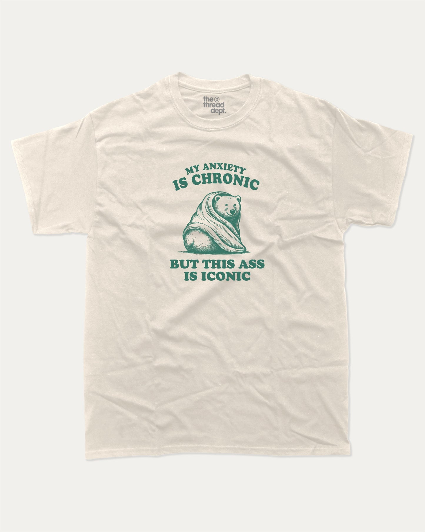 My Anxiety is Chronic but This Ass is Iconic graphic t-shirt, funny bear graphic. Raspberry funny tee, trending meme shirt, unique gift idea. Cream.