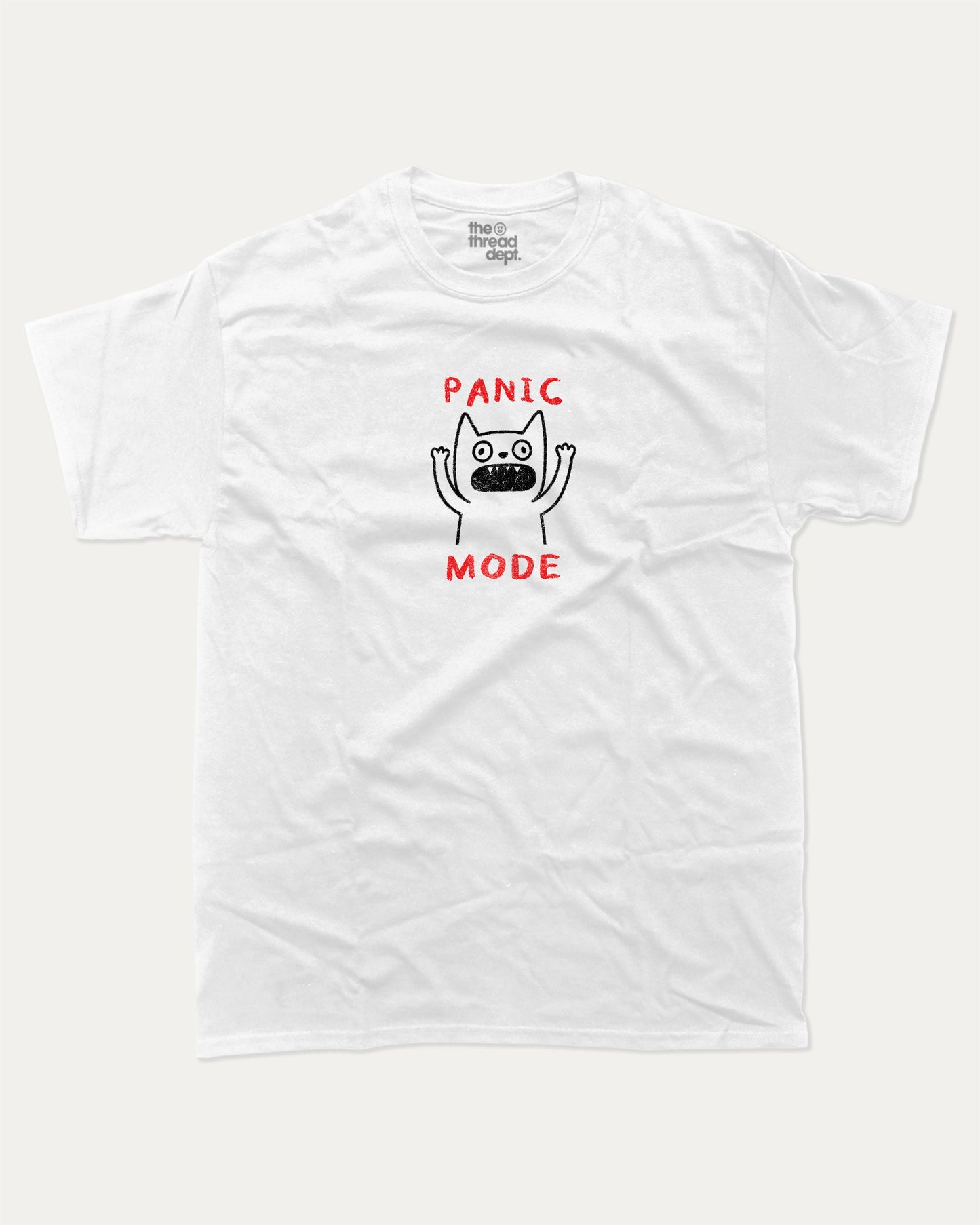 Panic Mode Cat graphic t-shirt, Cute Animal Graphic T shirt, Funny Animal Graphic T shirt, Funny meme Graphic T shirt, Pun Animal Graphic T shirt, A must-have funny tee, trending meme shirt, unique gift idea. White.