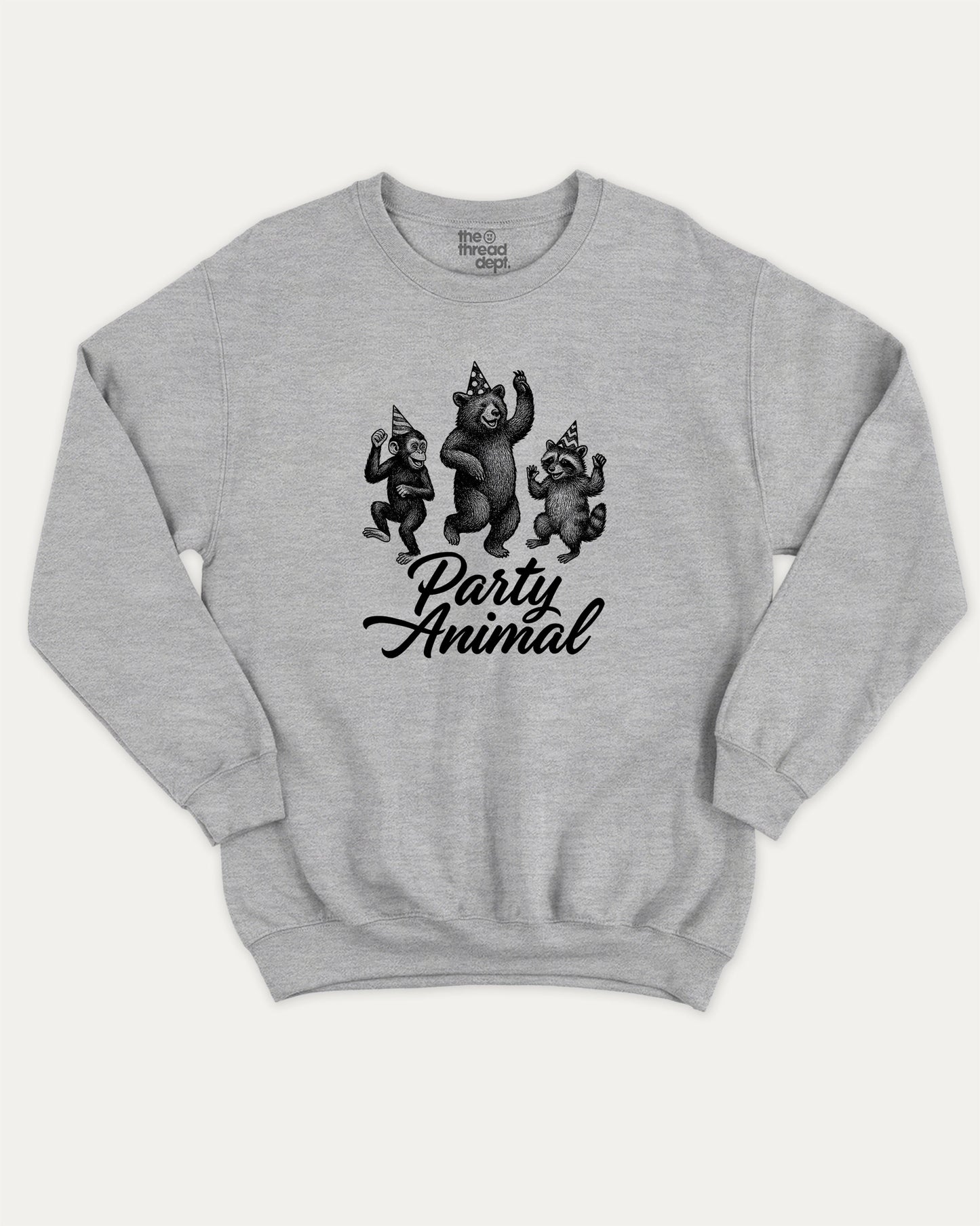 Party Animal pullover sweatshirt, perfect for adults. A must-have graphic pullover, comfy cold-weather wear, bold casual look. Heather Grey sweater