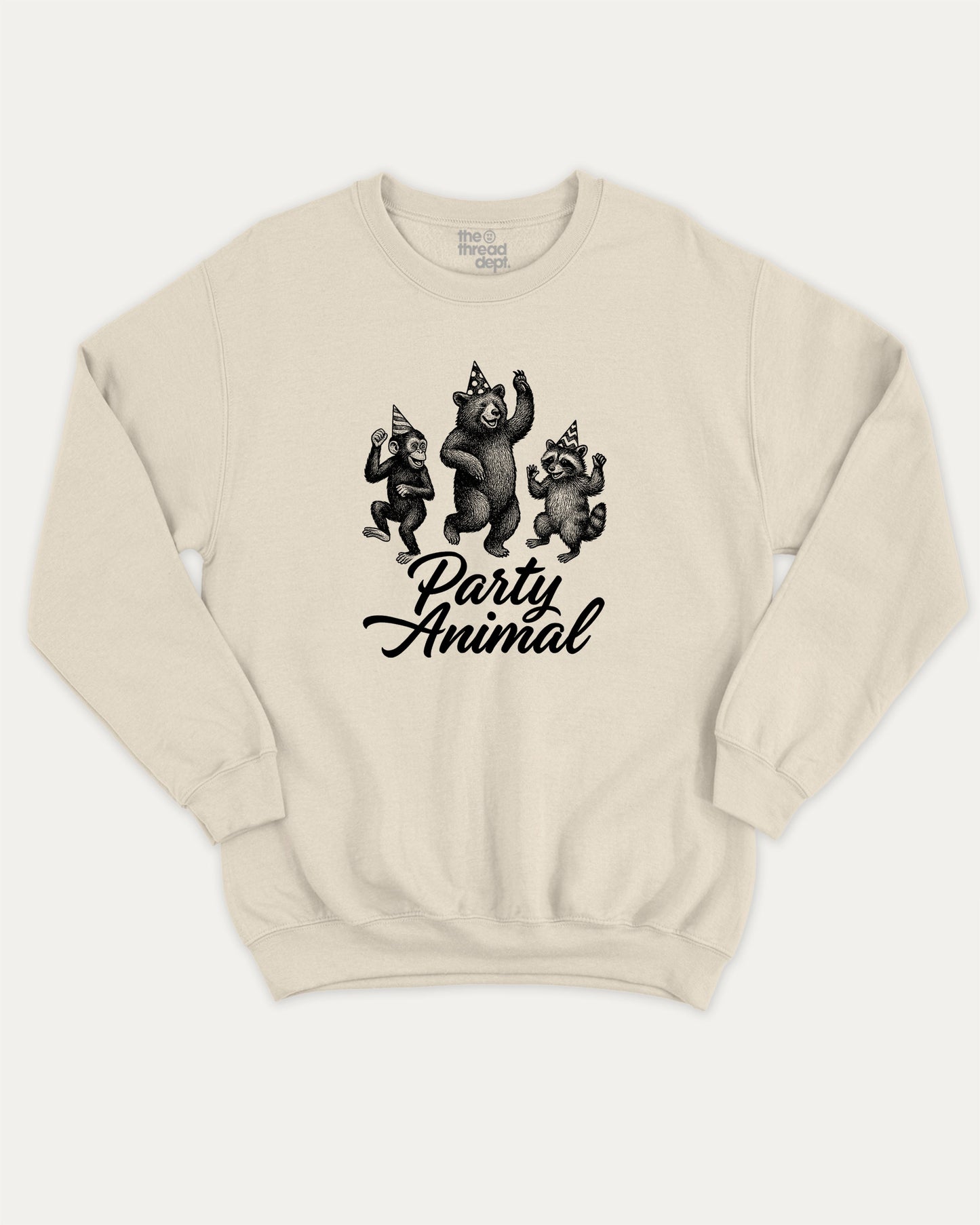 Party Animal pullover sweatshirt, perfect for adults. A must-have graphic pullover, comfy cold-weather wear, bold casual look. Natural sweater