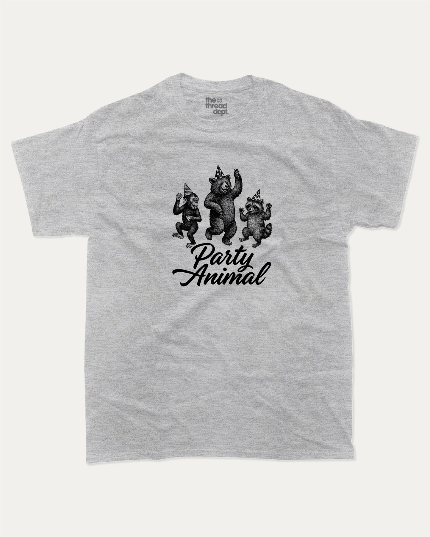 Party Animal graphic t-shirt, perfect for adults. A must-have funny tee, trending meme shirt, funny gift idea. Heather Grey.