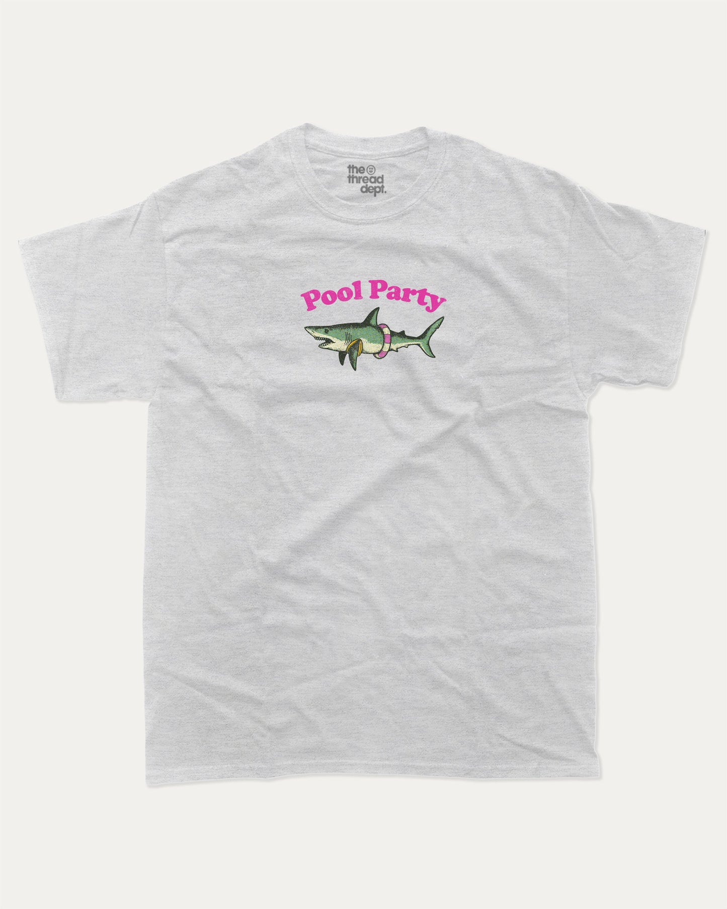 Pool Party graphic tee with bold and humorous print, Funny Shark Graphic Tee, Funny Animal Graphic T shirt, Perfect Gift for Shark Lover, Pun Graphic T shirt, funny and trendy graphic. Perfect for adults and gift-giving. Ash Grey shirt.