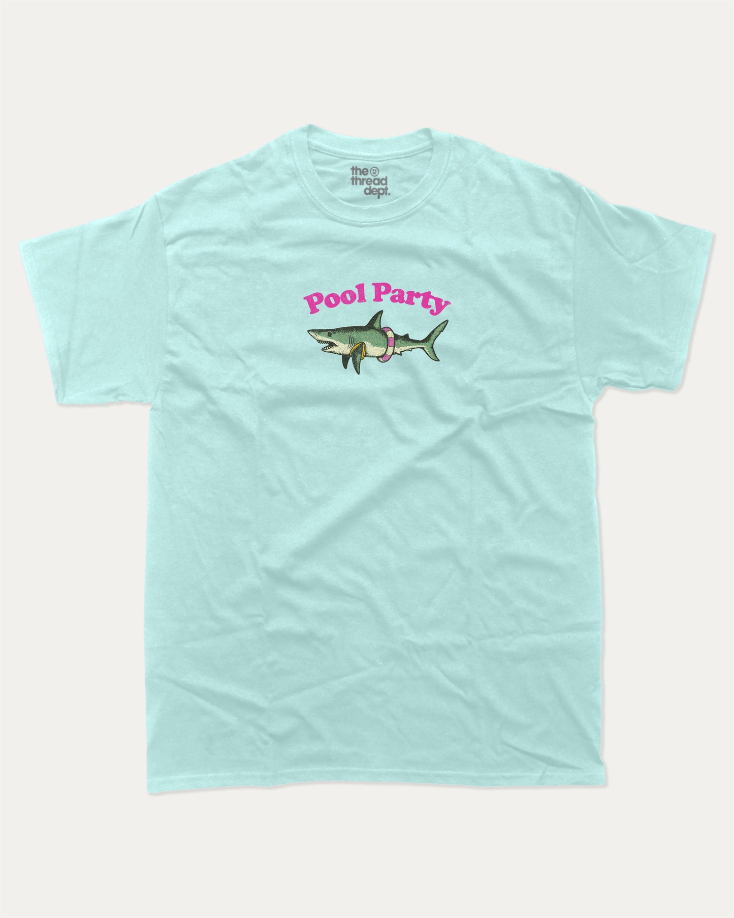 Pool Party graphic tee with bold and humorous print, Funny Shark Graphic Tee, Funny Animal Graphic T shirt, Perfect Gift for Shark Lover, Pun Graphic T shirt, funny and trendy graphic. Perfect for adults and gift-giving. Celadon shirt.