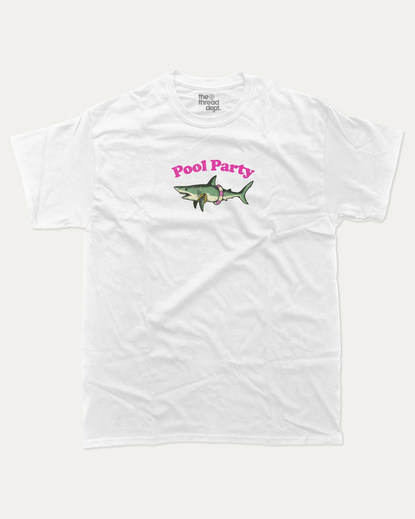 Pool Party graphic tee with bold and humorous print, Funny Shark Graphic Tee, Funny Animal Graphic T shirt, Perfect Gift for Shark Lover, Pun Graphic T shirt, funny and trendy graphic. Perfect for adults and gift-giving. White shirt.