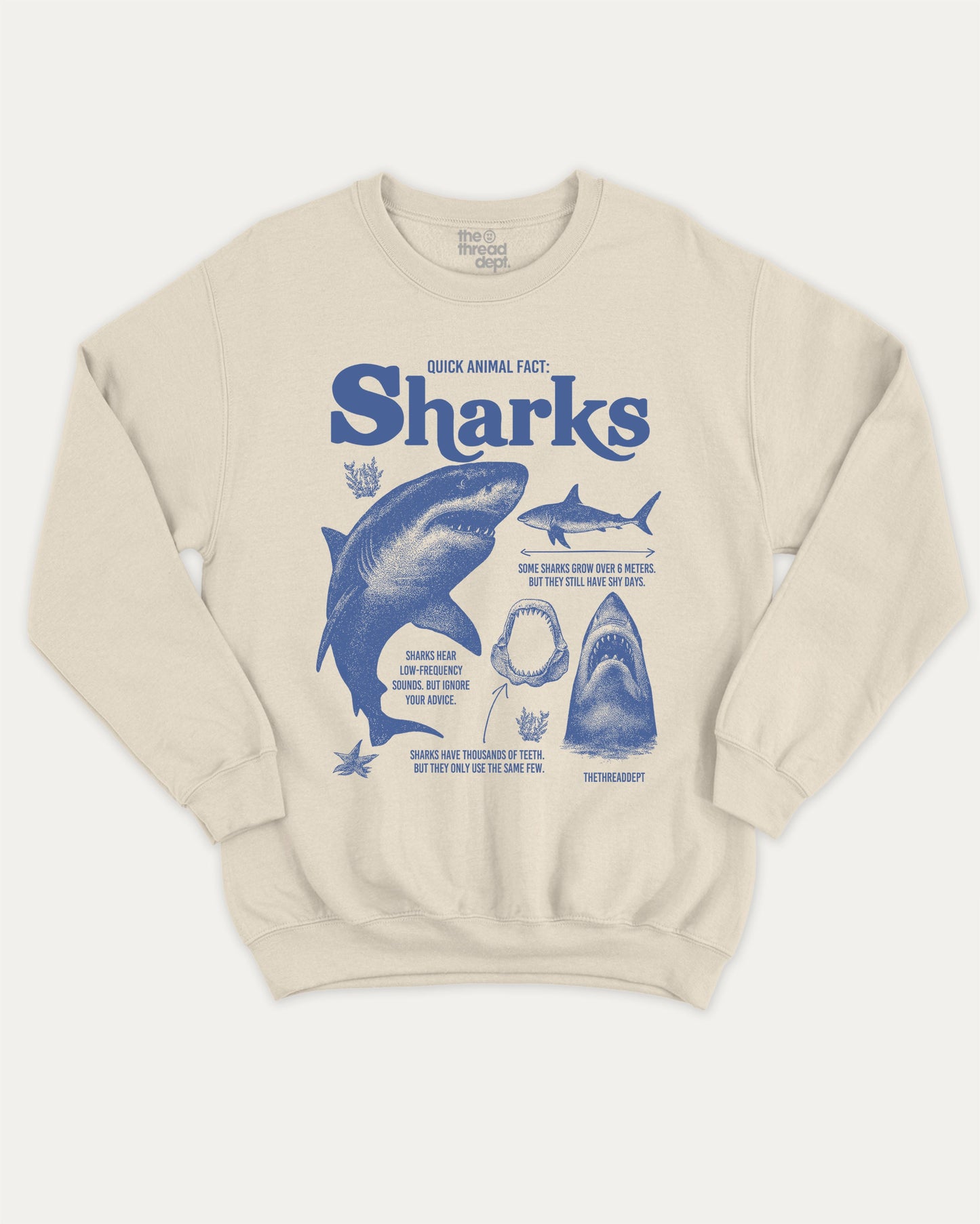 Quick Animal Fact Sharks pullover sweatshirt, perfect for gifts. 90s Vintage sharks graphic pullover, comfy cold-weather wear, bold casual look. Natural sweater
