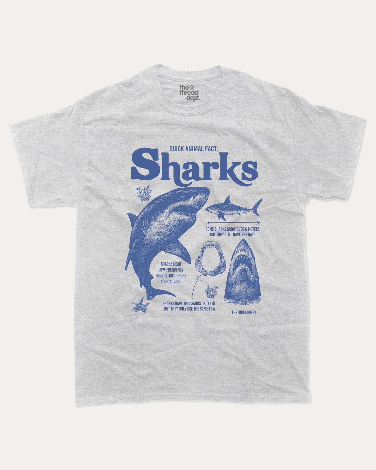 Quick Animal Fact Sharks graphic t-shirt, perfect for gifts. Vintage Sharks tee, Vintage ocean graphic shirt, unique gift idea. Ash Grey .