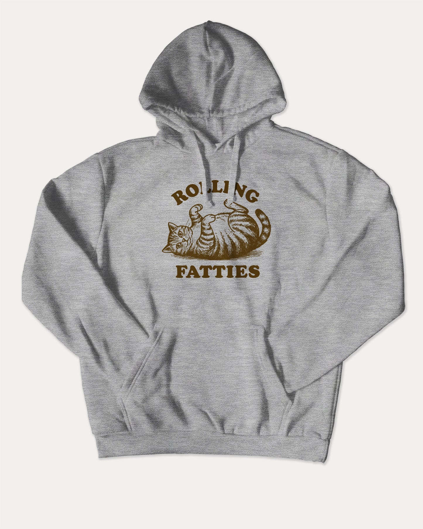 Rolling Fatties bold graphic hoodie, perfect for adults. Funny cat graphic hoodie, cozy and cool, trending streetwear essential. Heather Grey hoodie