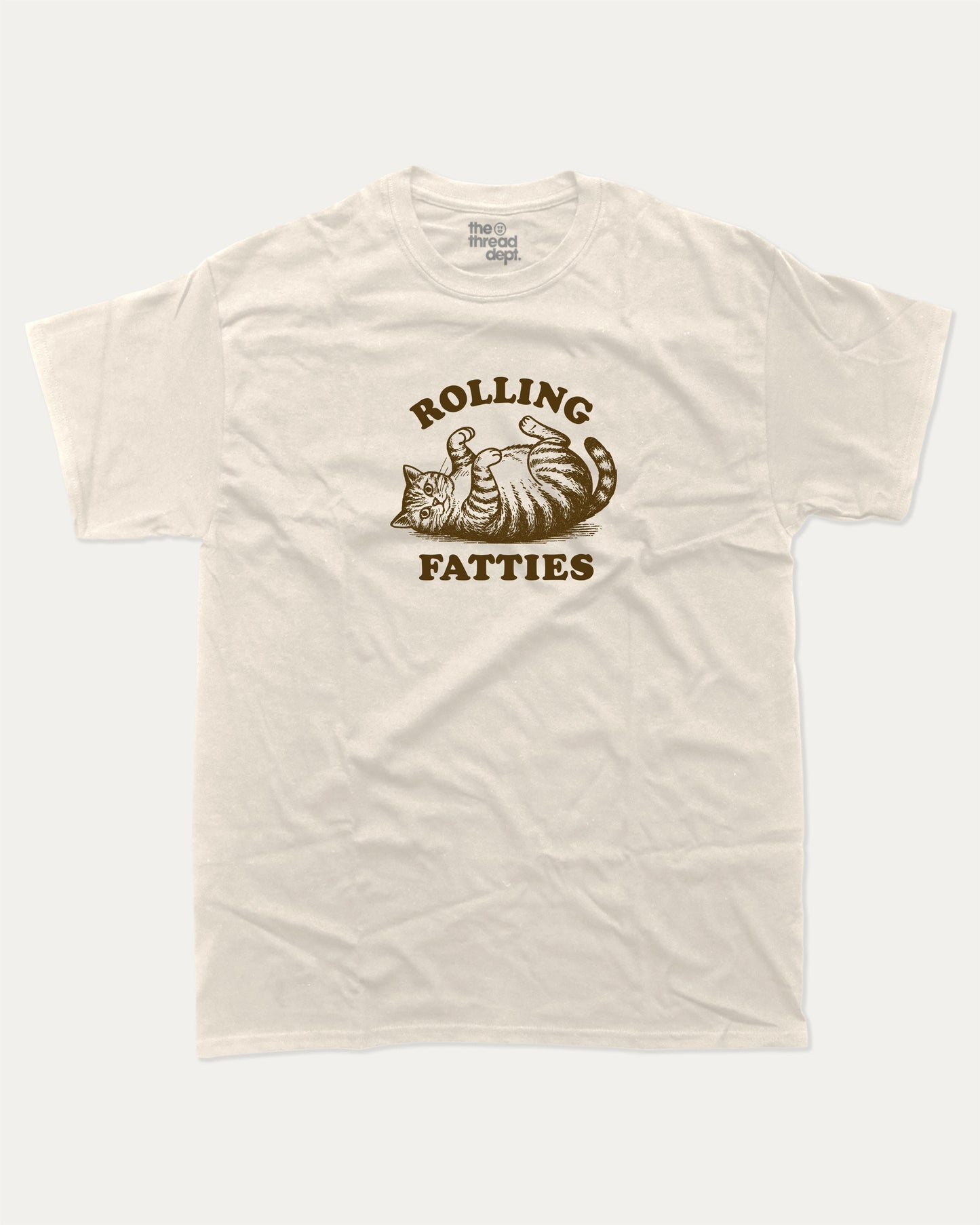 Rolling Fatties graphic t-shirt, perfect for adults. Funny cat graphic tee, trending meme shirt, unique gift idea. Cream.