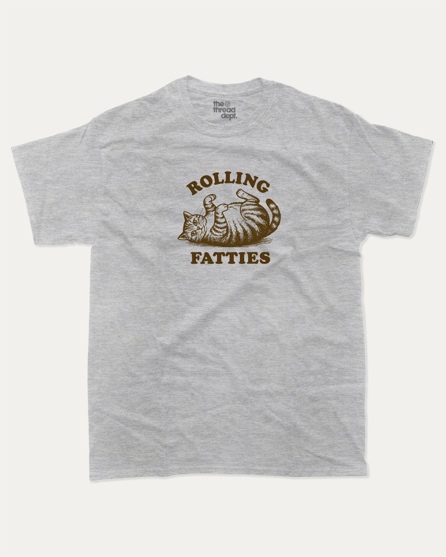 Rolling Fatties graphic t-shirt, perfect for adults. Funny cat graphic tee, trending meme shirt, unique gift idea. Heather Grey.