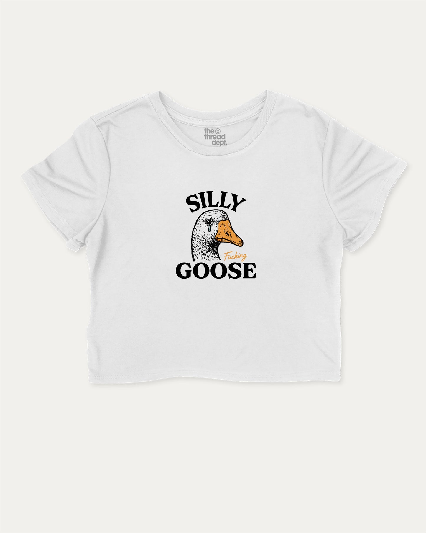 Silly Fucking Goose graphic crop tee with funny and trendy slogan print, perfect for women’s casual looks or layering. Funny Animal Graphic cropped tee, Funny Goose Graphic Crop Tee, White crop t-shirt.
