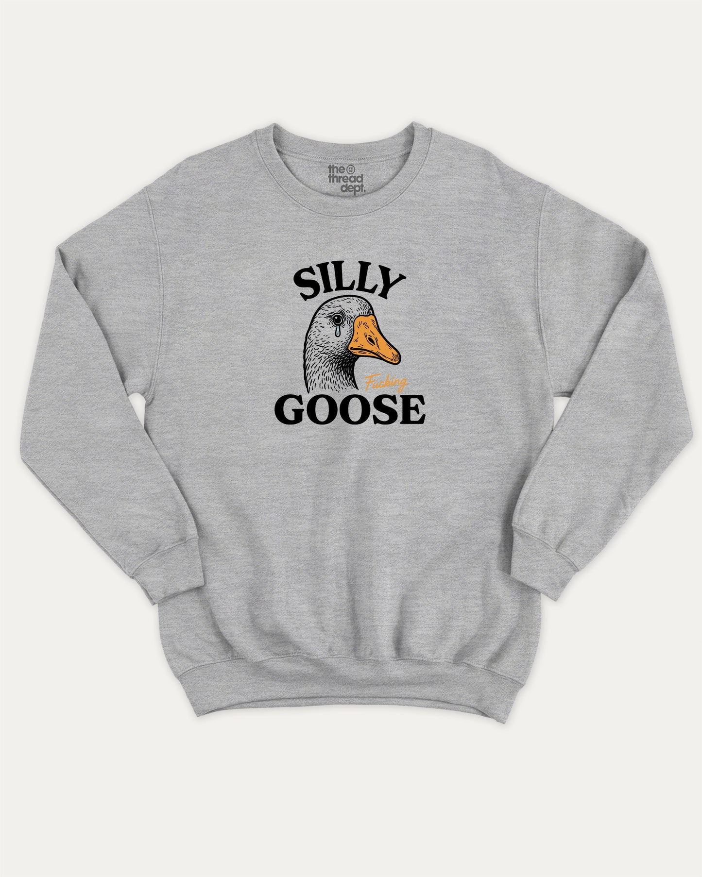 Silly Fucking Goose graphic sweatshirt with bold and humorous print, warm and cozy graphic for everyday wear. Funny Animal Graphic Sweatshirt, Funny Goose Graphic Pull Over, Perfect for adults and gift-giving. Heather Grey pullover.