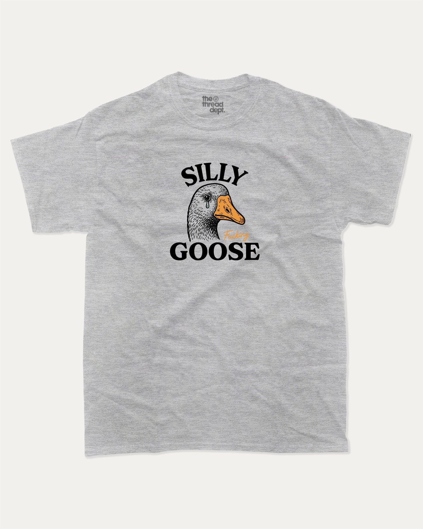 Silly Fucking Goose graphic tee with bold and humorous print, funny and trendy graphic. Funny Animal Graphic T shirt, Funny Goose T shirt, Perfect for adults and gift-giving. Heather Grey shirt.
