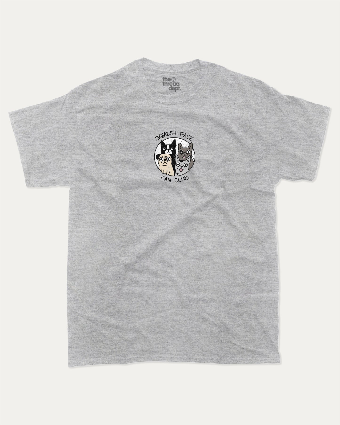 Squish Face Fan Club graphic t-shirt, Cute Dog Graphic T shirt, Pug T shirt, French Bulldog T shirt, Dog lover T shirt,. A must-have funny tee, trending meme shirt, unique gift idea. Heather Grey.