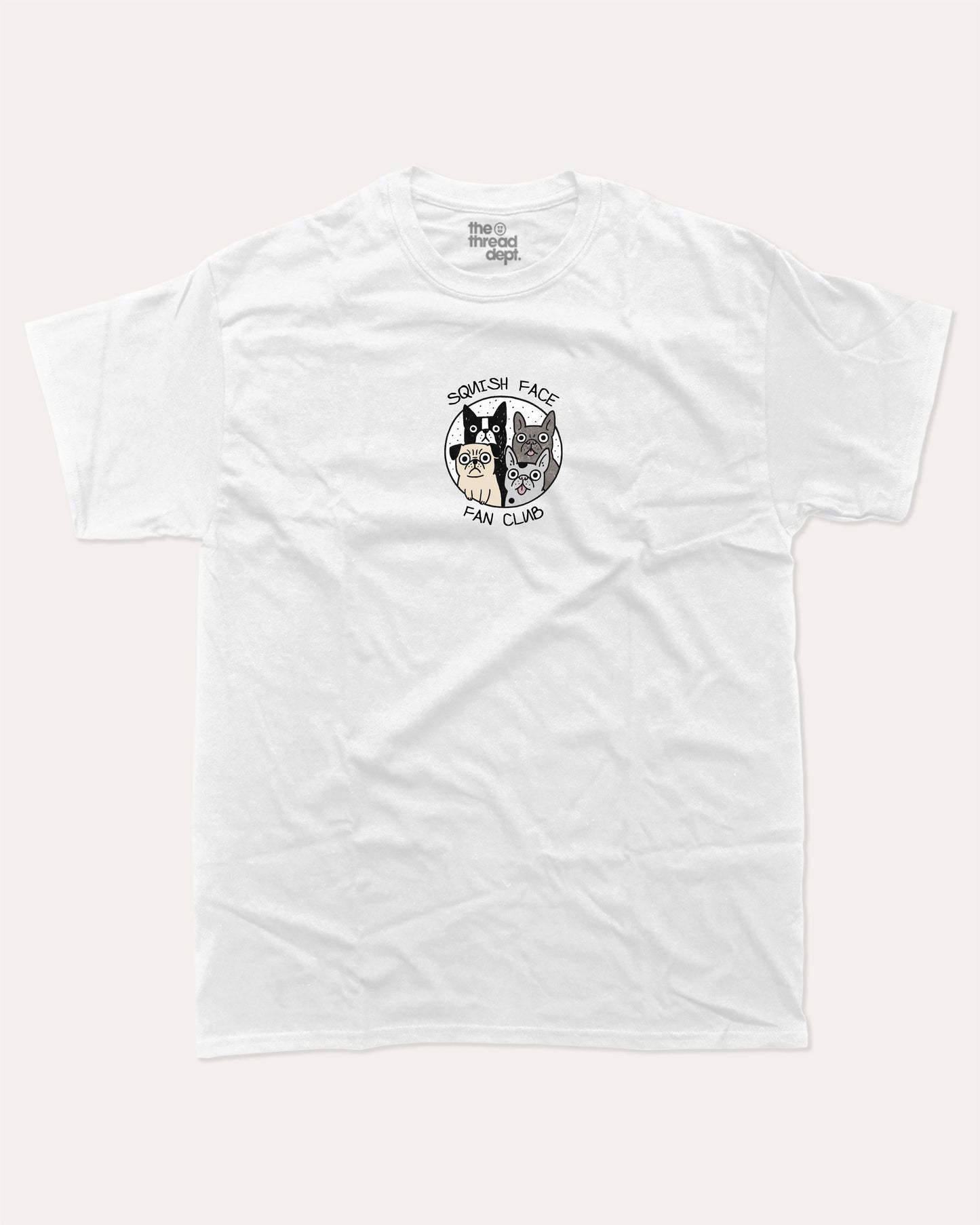 Squish Face Fan Club graphic t-shirt, Cute Dog Graphic T shirt, Pug T shirt, French Bulldog T shirt, Dog lover T shirt,. A must-have funny tee, trending meme shirt, unique gift idea. White.