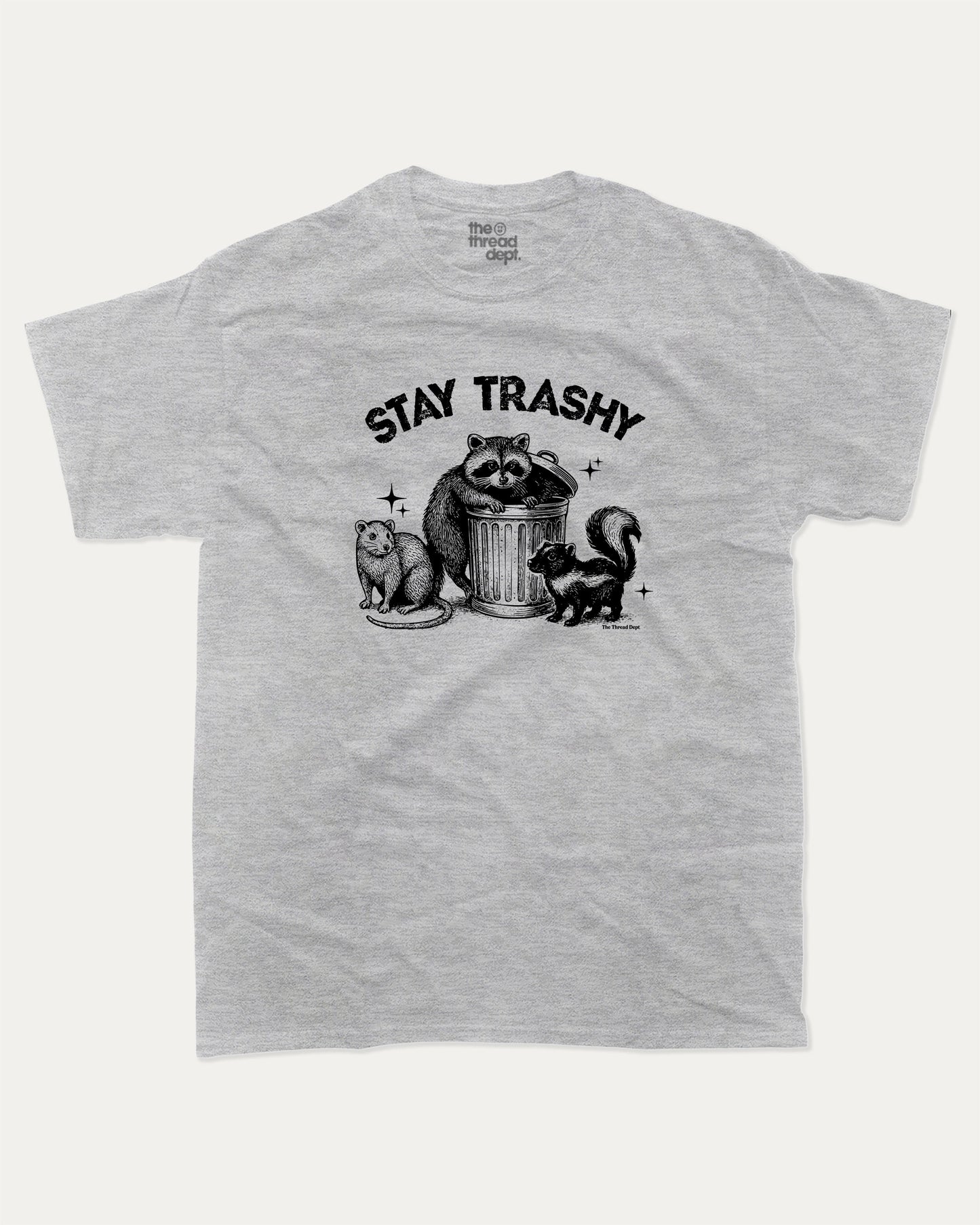 Stay Trashy Squad Team graphic t-shirt, perfect for adults. A must-have funny tee, trending meme shirt, unique gift idea. Heather Grey.