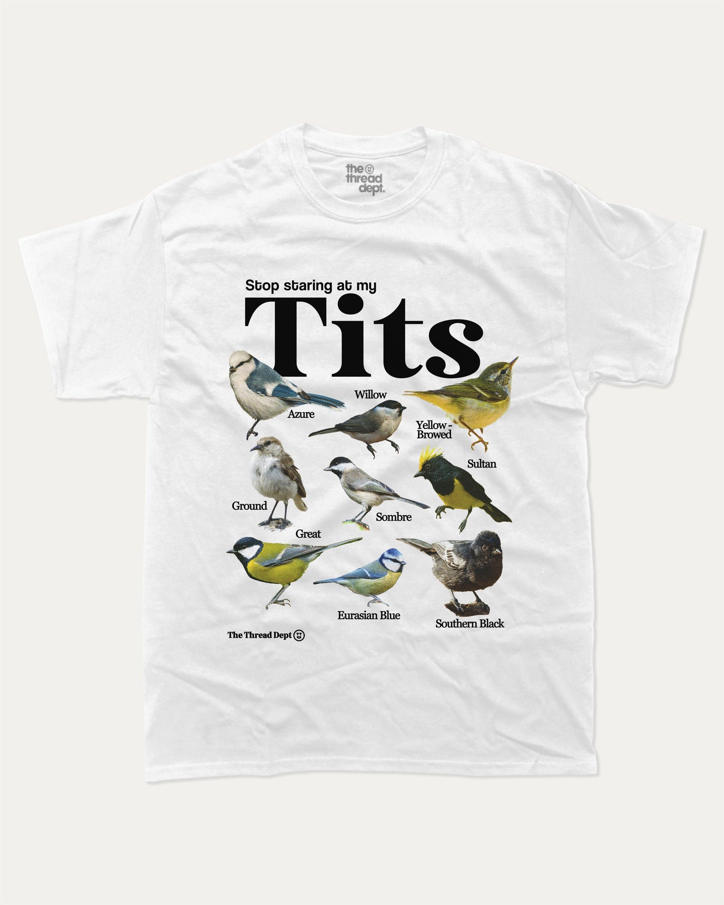Stop Staring At My Tits graphic tee with bold and humorous print, Bird Graphic T shirt, Retro Tit Graphic T shirt, Animal Graphic T shirt, funny and trendy graphic. Perfect for adults and gift-giving. White shirt.