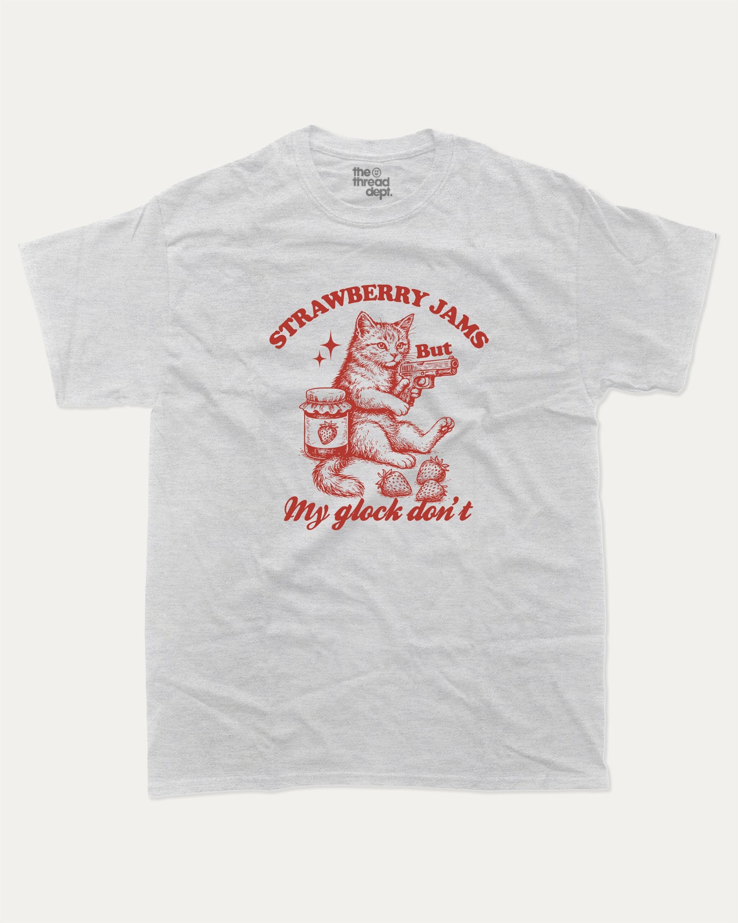 Strawberry Jams graphic tee with bold and humorous print, funny and trendy Animal Lover Graphic T shirt, Cat Lover Tee, Retro Animal Graphic T shirt, Retro Cat Graphic T shirt, Perfect for adults and gift-giving. Ash Grey shirt.