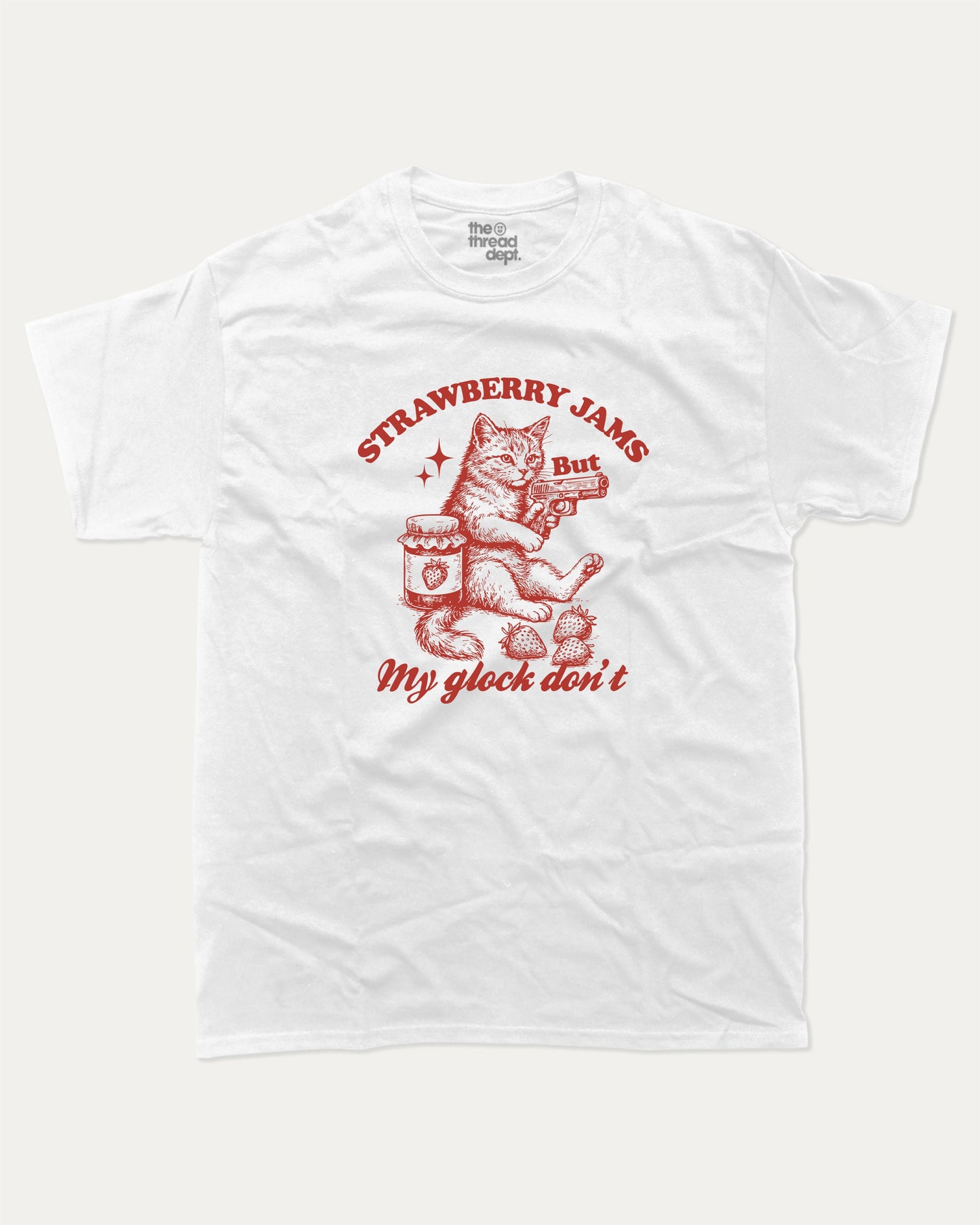 Strawberry Jams graphic tee with bold and humorous print, funny and trendy Animal Lover Graphic T shirt, Cat Lover Tee, Retro Animal Graphic T shirt, Retro Cat Graphic T shirt, Perfect for adults and gift-giving. White shirt.