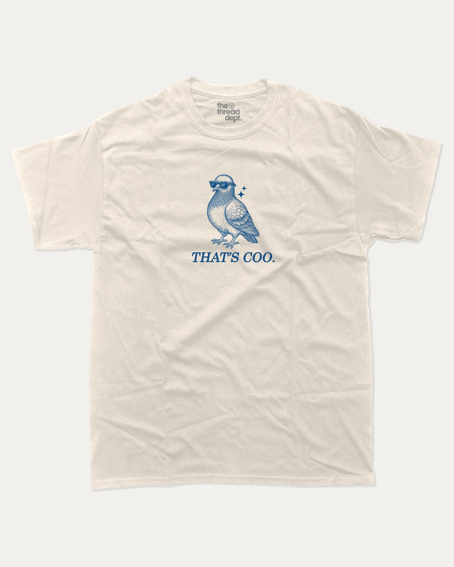 That's Coo graphic tee with bold and humorous print, funny and trendy graphic. Funny Animal T shirt, Pigeon Graphic T shirt, Perfect for adults and gift-giving. Cream shirt.