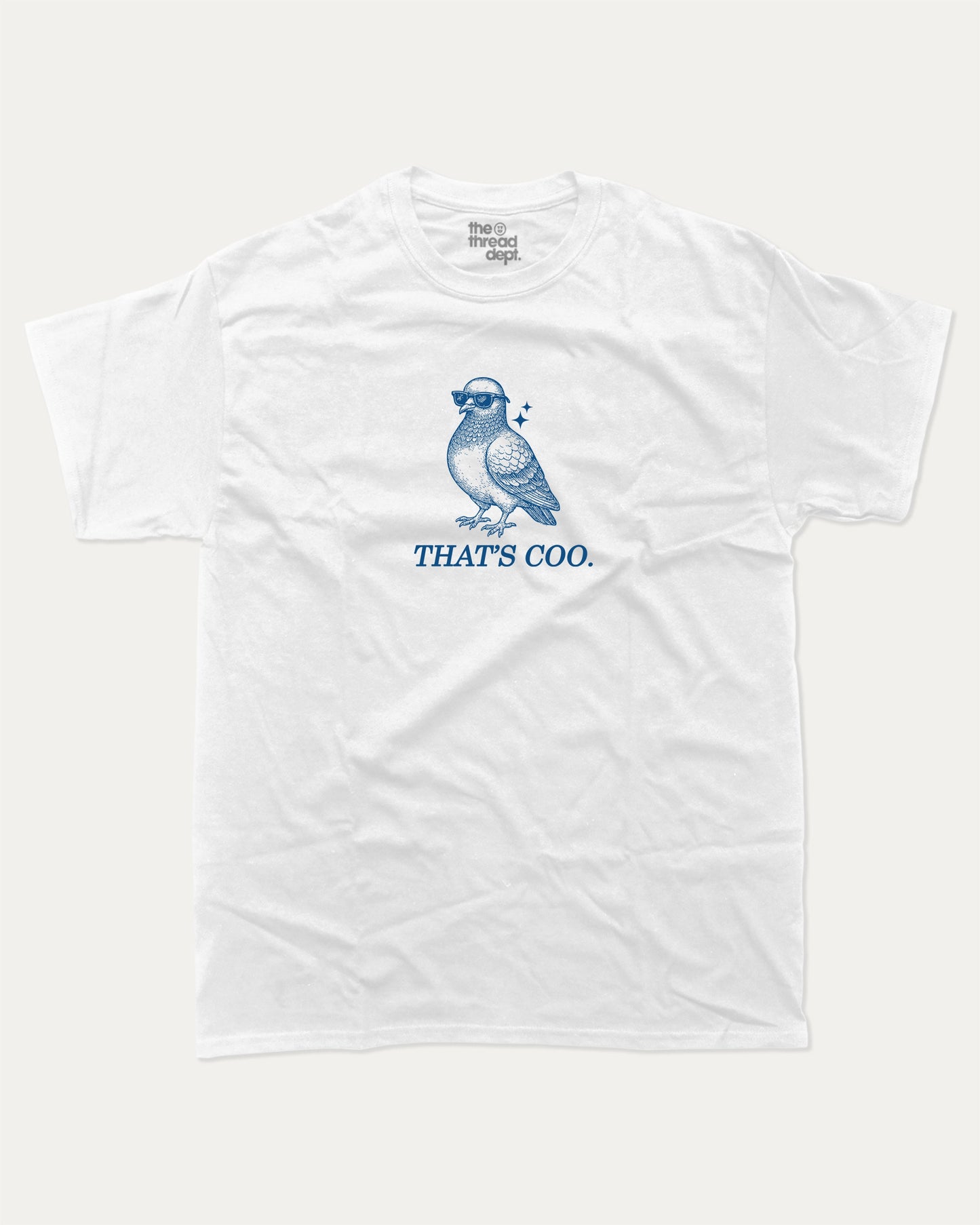 That's Coo graphic tee with bold and humorous print, funny and trendy graphic. Funny Animal T shirt, Pigeon Graphic T shirt, Perfect for adults and gift-giving. White shirt.
