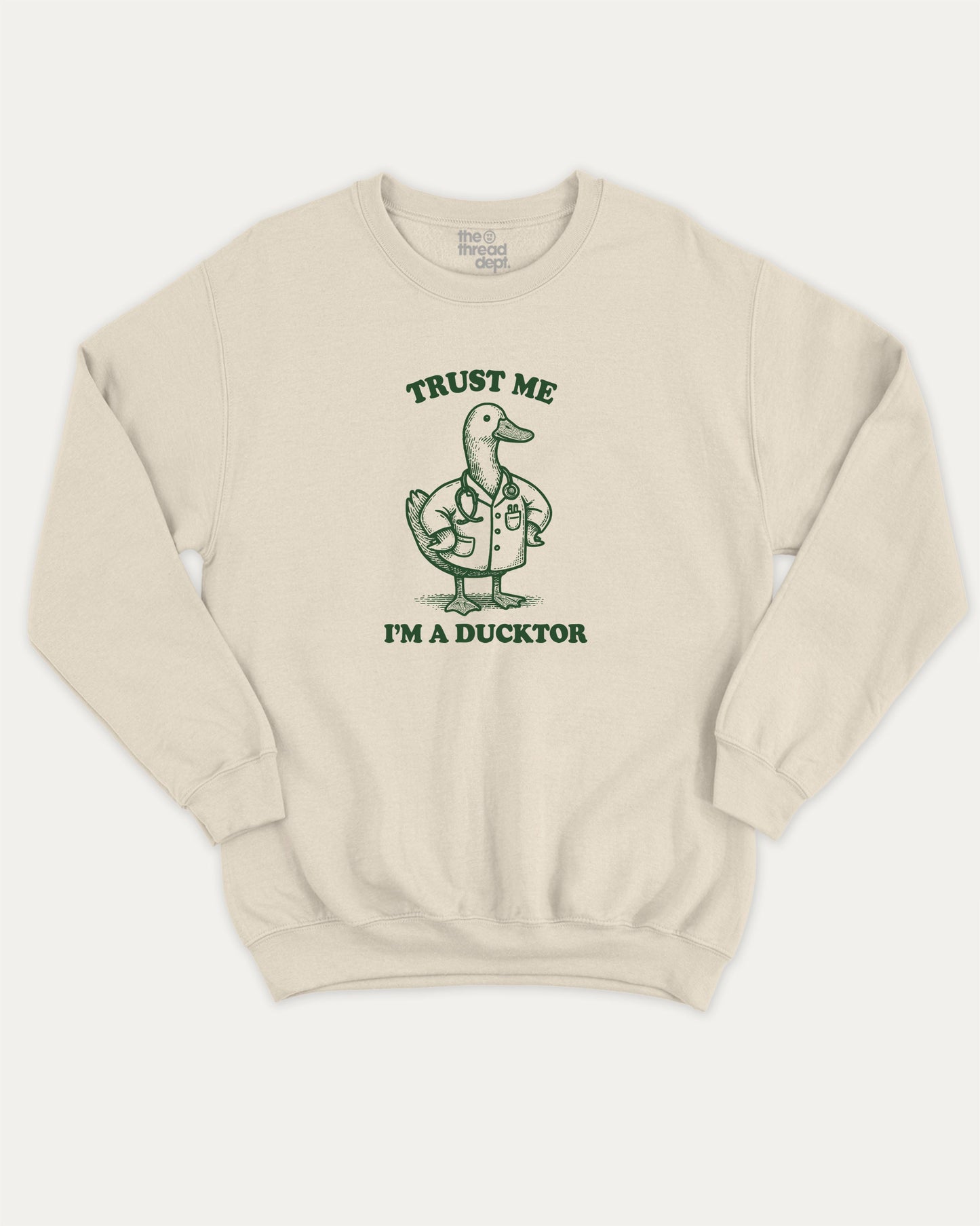 Trust Me I'm A Ducktor pullover sweatshirt, perfect for gifts. A must-have duck graphic pullover, comfy cold-weather wear, bold casual look. Natural sweater